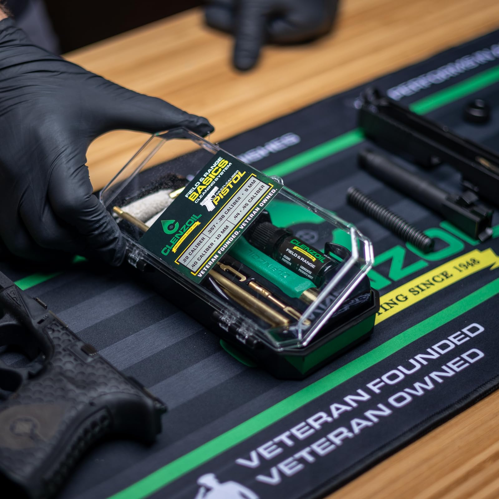 Clenzoil Pistol Basics Multi-Caliber Cleaning Kit - for 22, 9 mm, 380, 40 & 45 - All-in-One Gun Cleaning Kit - Gun Maintenance & Firearm Care - with Bore Brushes, Gun Oil, Cotton Mop & More