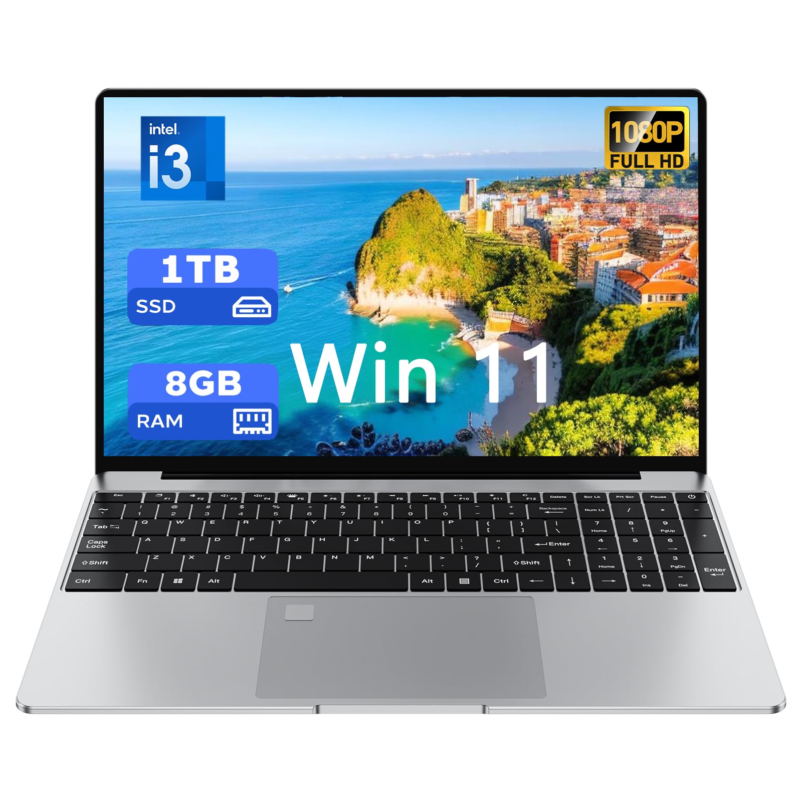 15.6'' Laptop for Windows 11, Core i3-6006U, 8GB RAM 1TB SSD | 32GB+1TB Expandable Laptop Computer, 1080P FHD IPS Display, Fingerprint, Office, Wi-Fi, BT5.2, Mini-HDMI, USB3.0