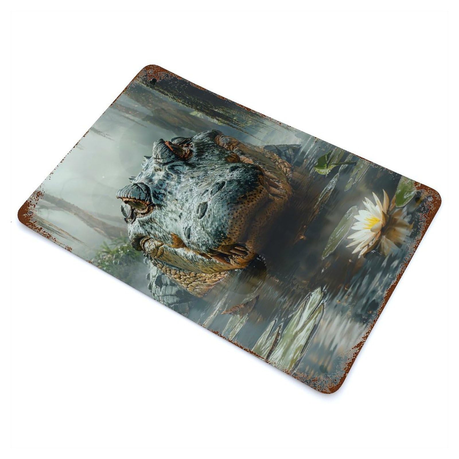 Alligator in Swamp with Lily Pad Rusty Metal Tin Sign 11.8"x7.9", for Basement, Hobby Room And Garage Decor, Retro Wall Decor