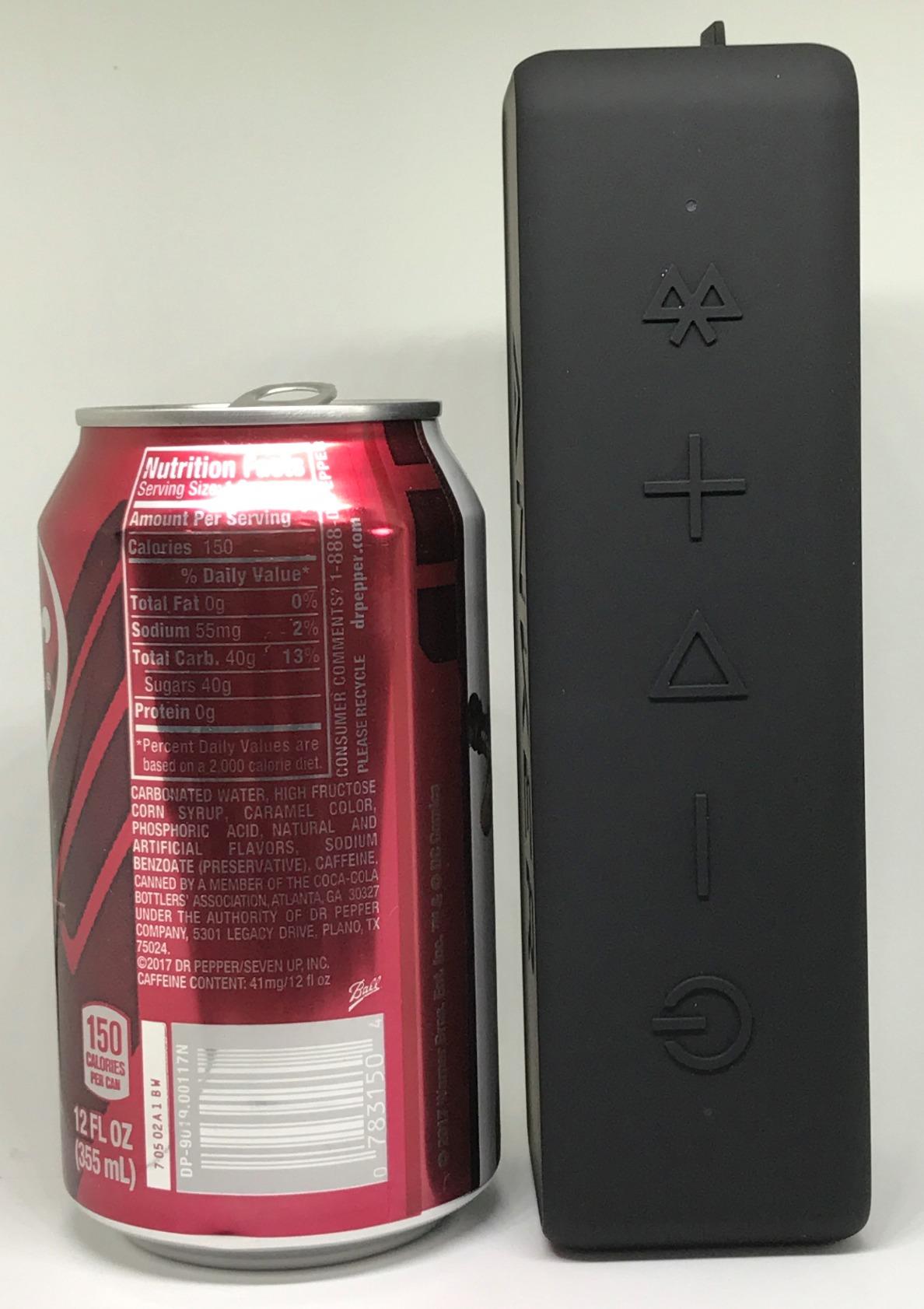 Soundcore 2 compared to a soda can for size reference