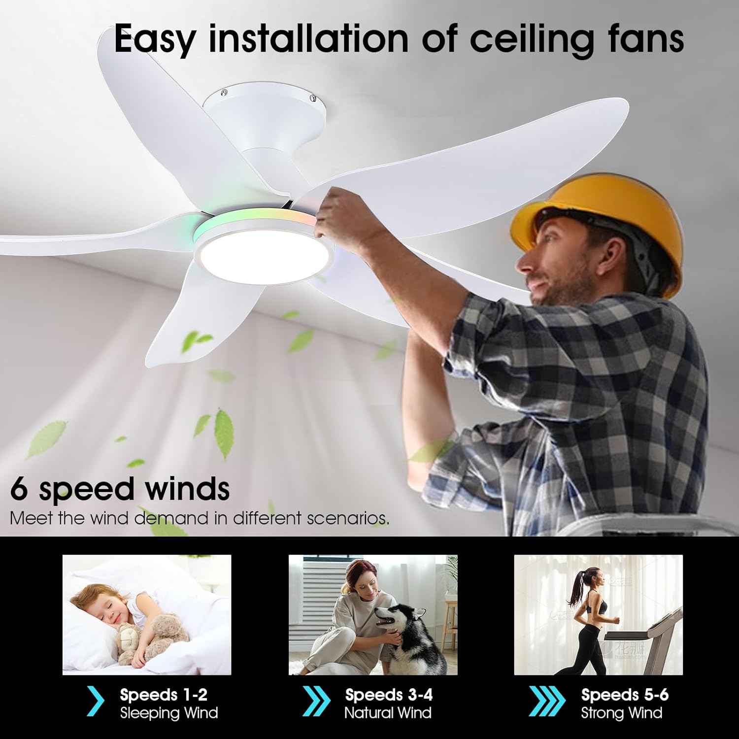 Person installing a ceiling fan onto a ceiling mount