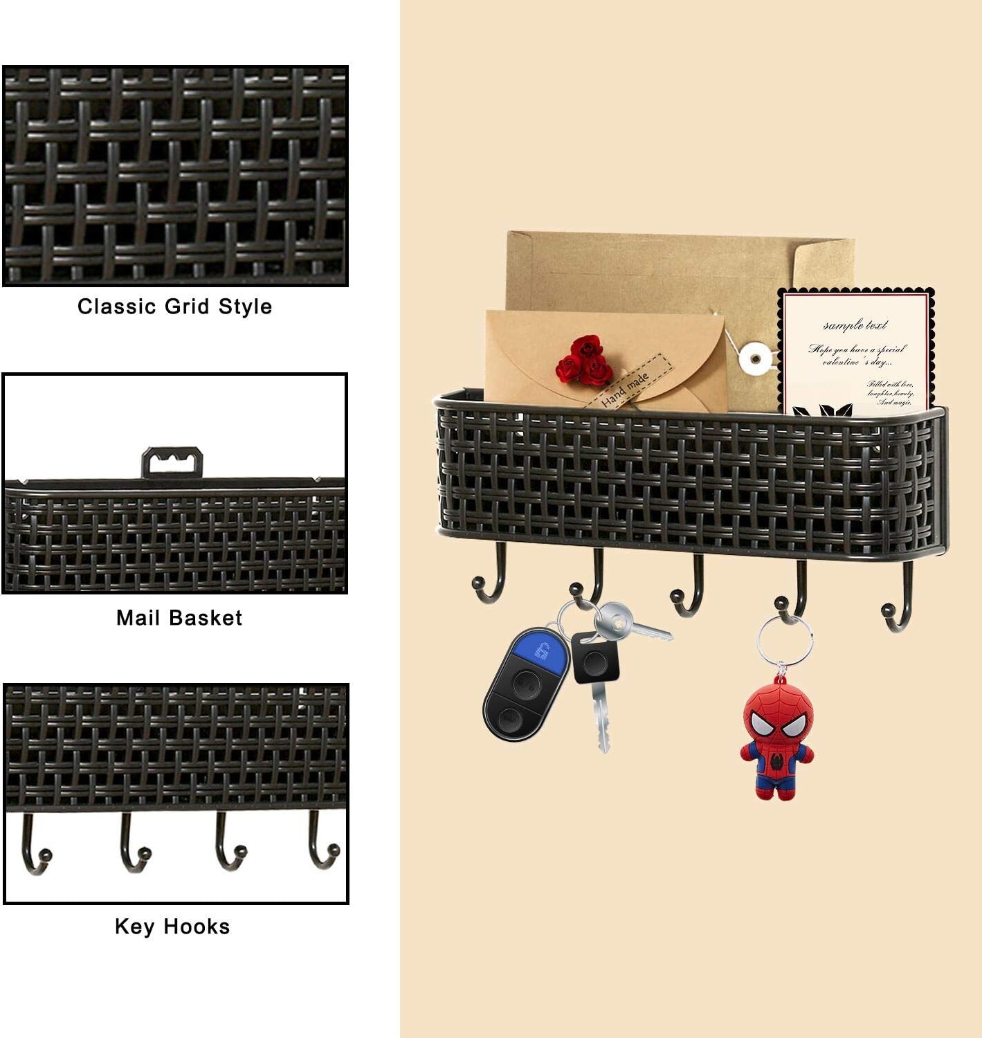 REALWAY Wall Mount Key Holder, Mail Sorter Key Rack, Self-Adhesive Entryway Storage Organizer Mail Basket with 5 Key Hooks, for Home and Office Entryway (Black, 1Pack)