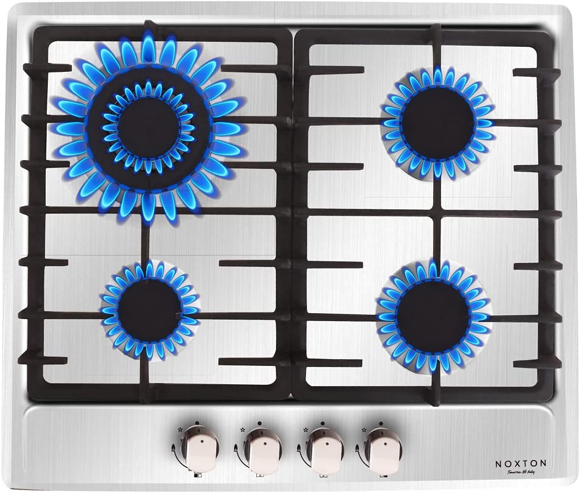 NOXTON Gas Hob 4 Burner, Built-in Gas Cooker Plug & Go, Stainless Steel Easy to Clean, Cast Iron Pan Support, Flame Out Protection Prevent Gas Leakage, LPG/NG Kit, 59cm x 51cm