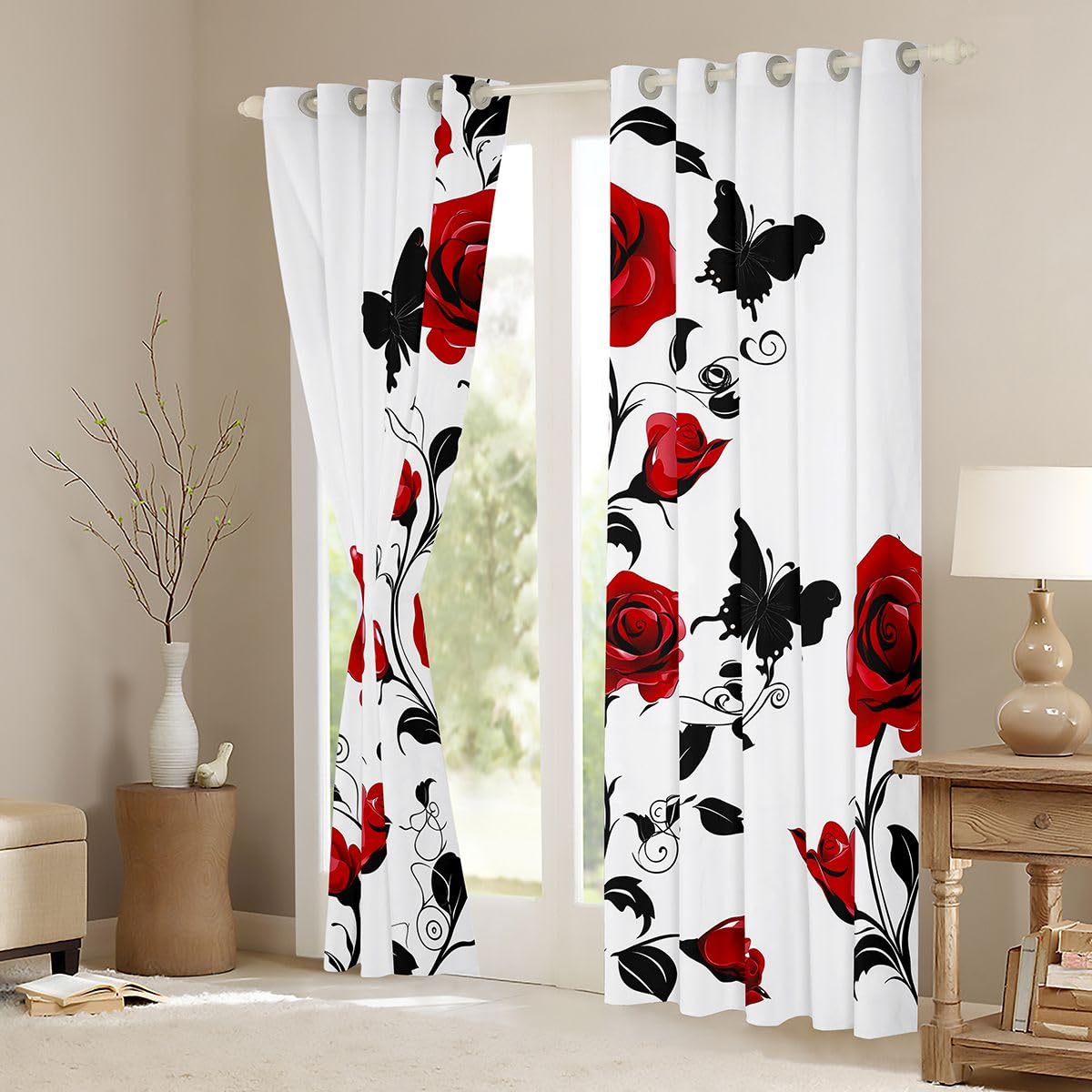 Homewish Rideau Occultant 140x245 cm Rose Rouge,Rideau Saint-Valentin Fleurs,Rideaux Voilage Roses Gothiques Papillon Imprimé,Voilage Fenetre Décoration Rose pour Chambre Salon