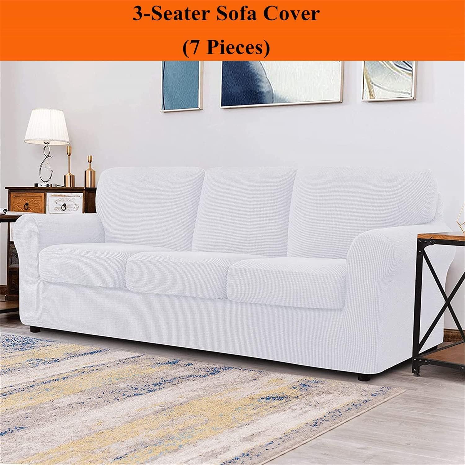 Sofa Cover Sets with Separate Backrests and Seater Cushions, Sofa Slipcover Anti-Slip with Elastic Band, Stretch Jacquard Furniture Protector (Color : White, Size : 3 Seater(185-235cm))