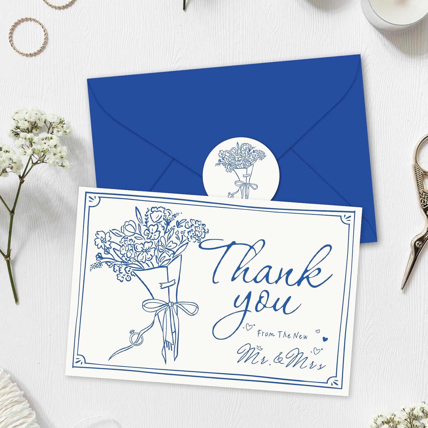 Whaline 24 Pack Wedding Thank You Cards Blue The New Mr & Mrs Flower Bouquet Thank You Greeting Note Card with Envelope Sticker for Bridal Shower - Image 4