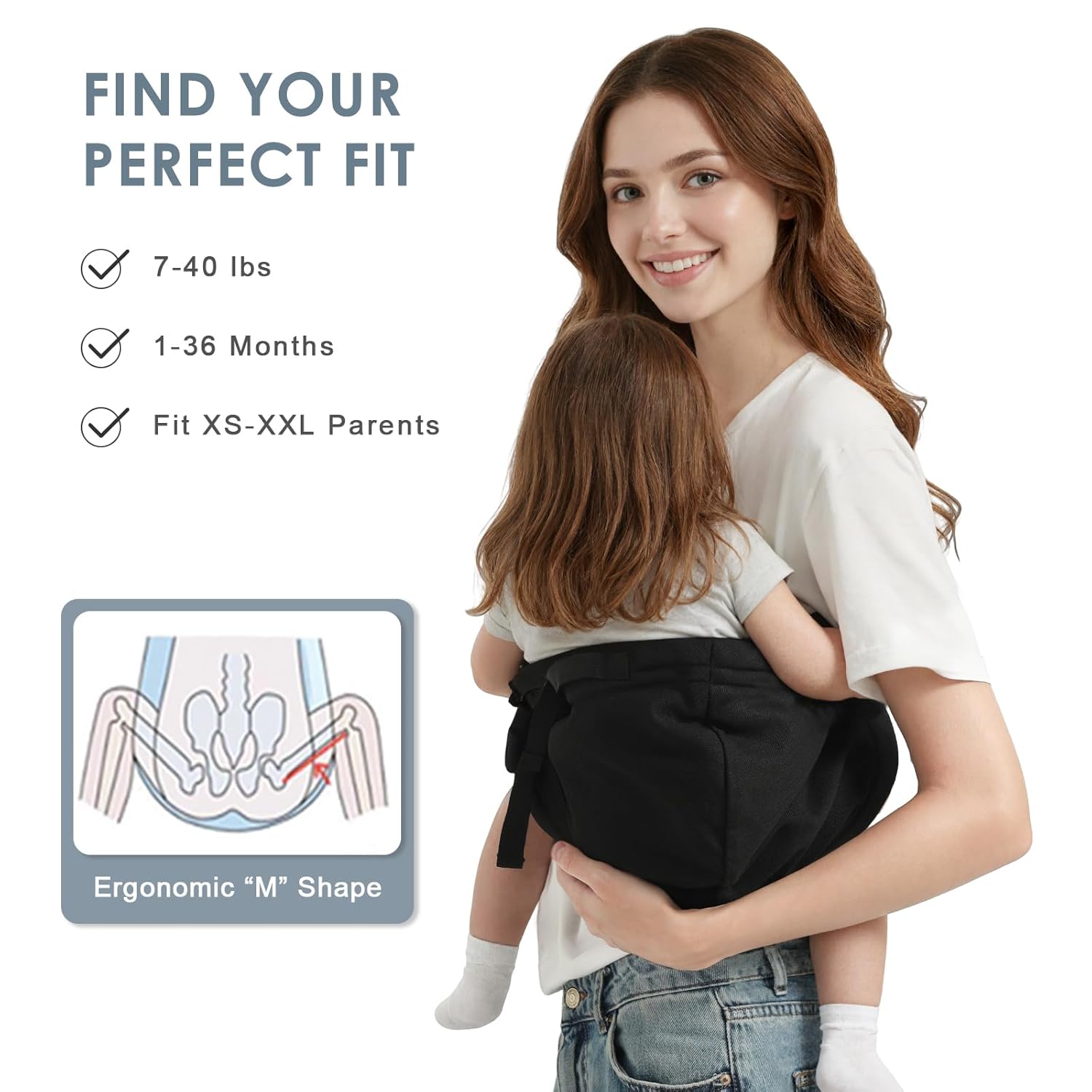 Toddler Carrier Sling Carry for 8-40lbs, Adjustable Baby Carrier Sling One Size Fit All, Hip Seat Newborn Baby Carrier Breathable & Ergonomic Design, Black