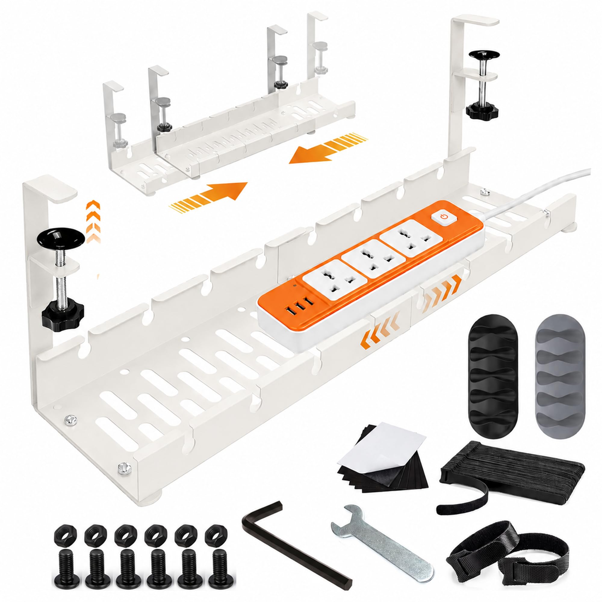 Adjustable Under Desk Cable Organizer Tray, Metal Cable Management Rack, 28.5-55 cm Holder for Power Strip, Extension Cord & Network Cables, White (White)-image-37