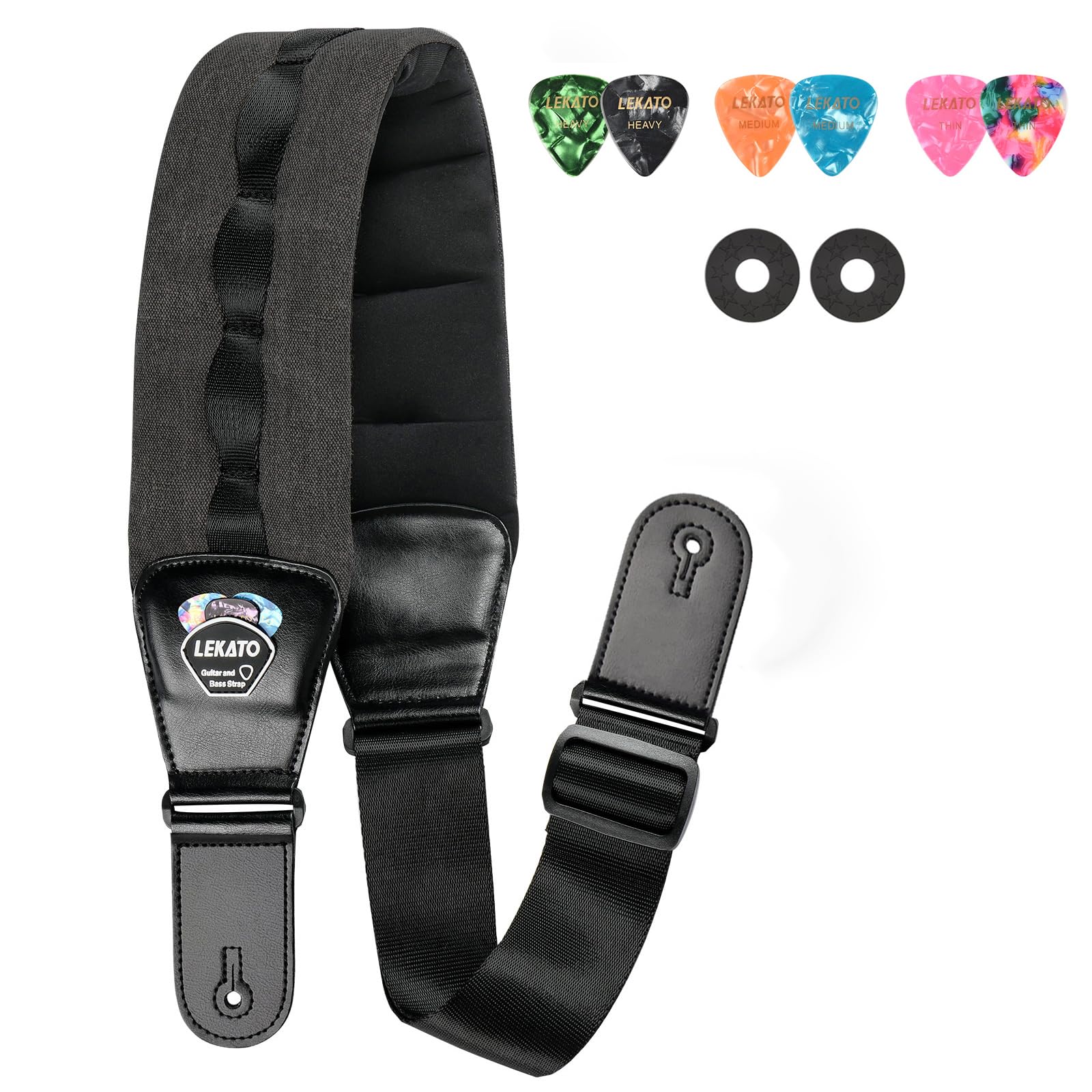 Bass Guitar Straps for Heavy Bass & Guitars with 3.5” Wide Guitar Strap Padded Thickened Foam Bass Straps Adjustable Length from 45" to 55" Bass Guitar Strap with 2 Strap Locks & 6 Picks-Black