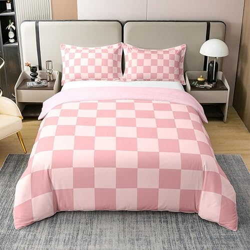 Miniatura 45 de Juego de ropa de cama a cuadros para adolescentes, mujeres, hombres, rosa, negro, a cuadros, 100% algodón, tamaño matrimonial, para niños y niñas,