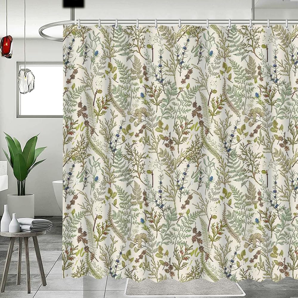 MEHOFOND Woodland Botanical Shower Curtain,Boho Forest Ferns Shower Curtain,Vintage Green Apothecary Herbs Plants Curtain for Bathroom,Aesthetic