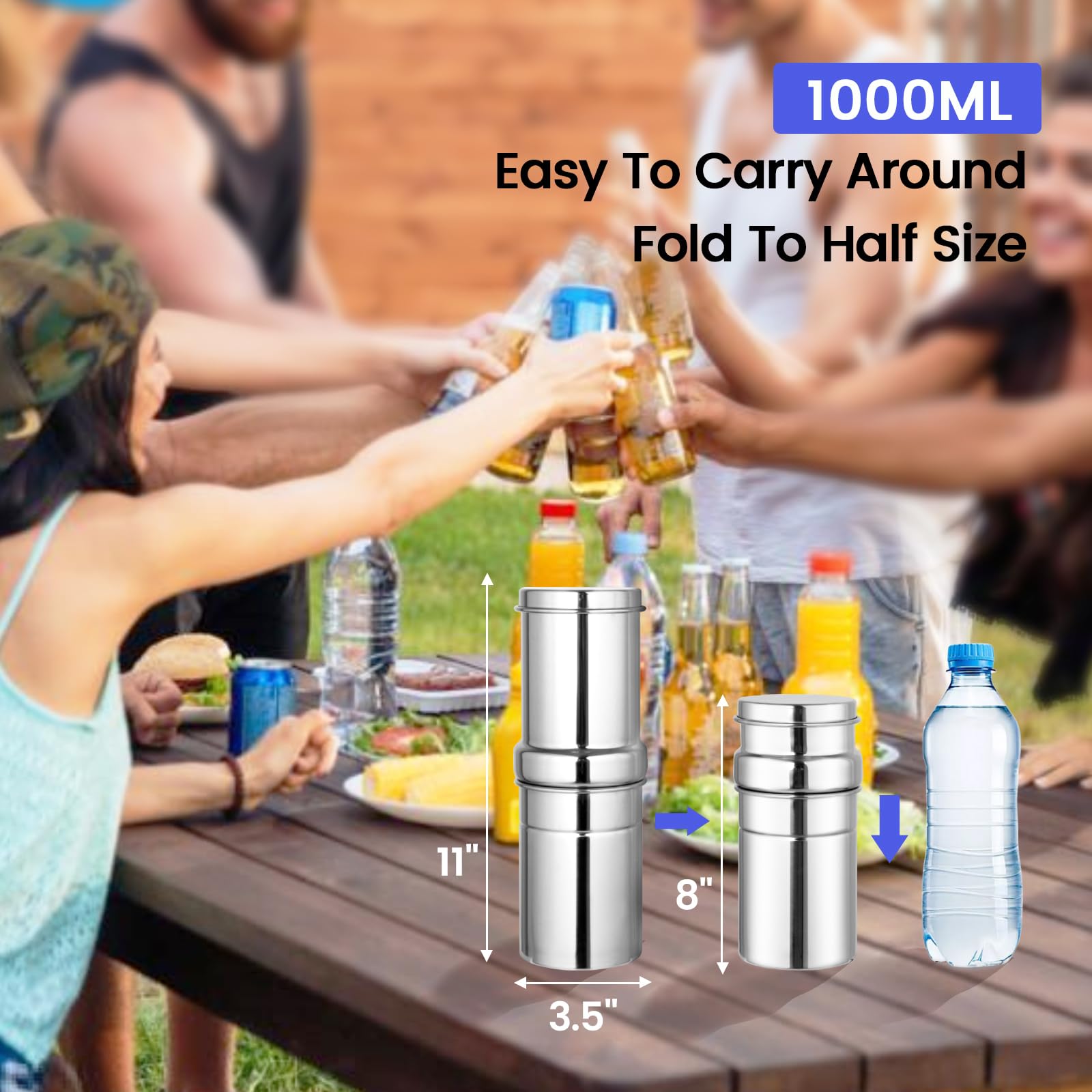 NSF/ANSI 42&372 Standard 1L (1000 ml) Botella deportiva portátil de acero inoxidable alimentada por gravedad con filtro de carbono, para viajes, camping, mochileros y preparación para