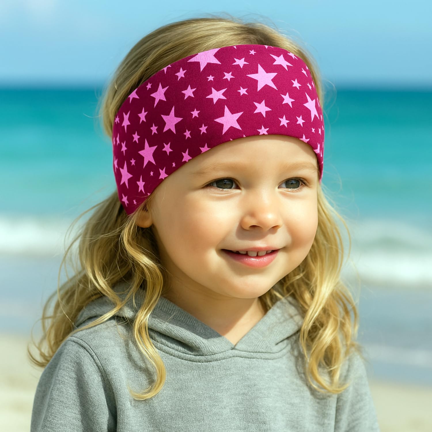 Wollhuhn ÖKO MINI Kinder Breites Elastisches Stirnband/Haarband Deutsche Herstellung Bequem Baumwolle (KU 48-52) (Sternchen Rot/Rosa)