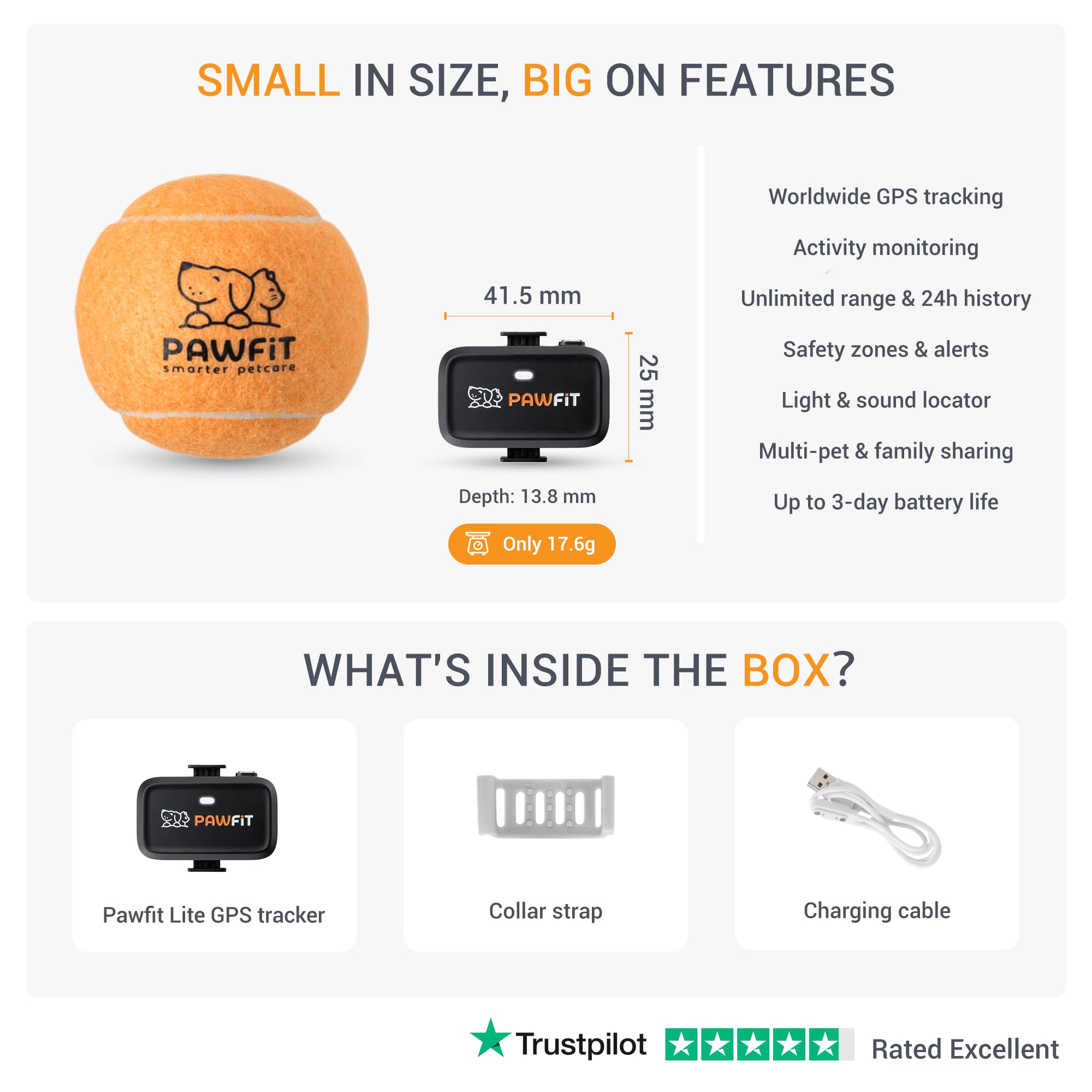 Pawfit Lite 4G GPS Dog Tracker, Live Tracking, Ultra-Light, Onyx black