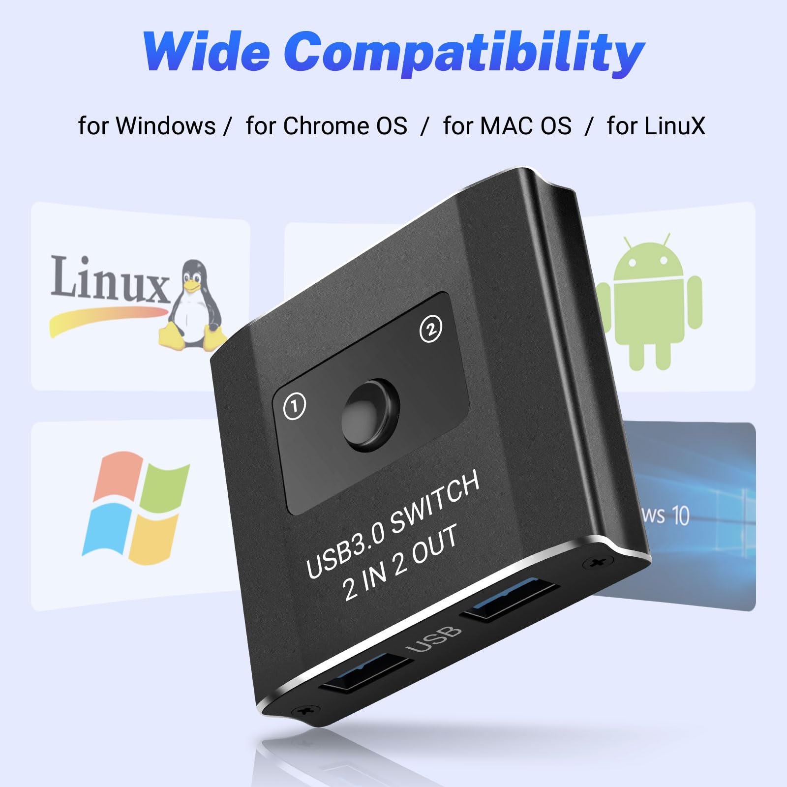 USB Switch 2 PC, KVM USB 3.0 Switch 2-in-4 Out with 2 Cables, USB Switch Selector for Keyboard, Mouse, Printer, Scanner, Compatible with Windows, Mac, Linux