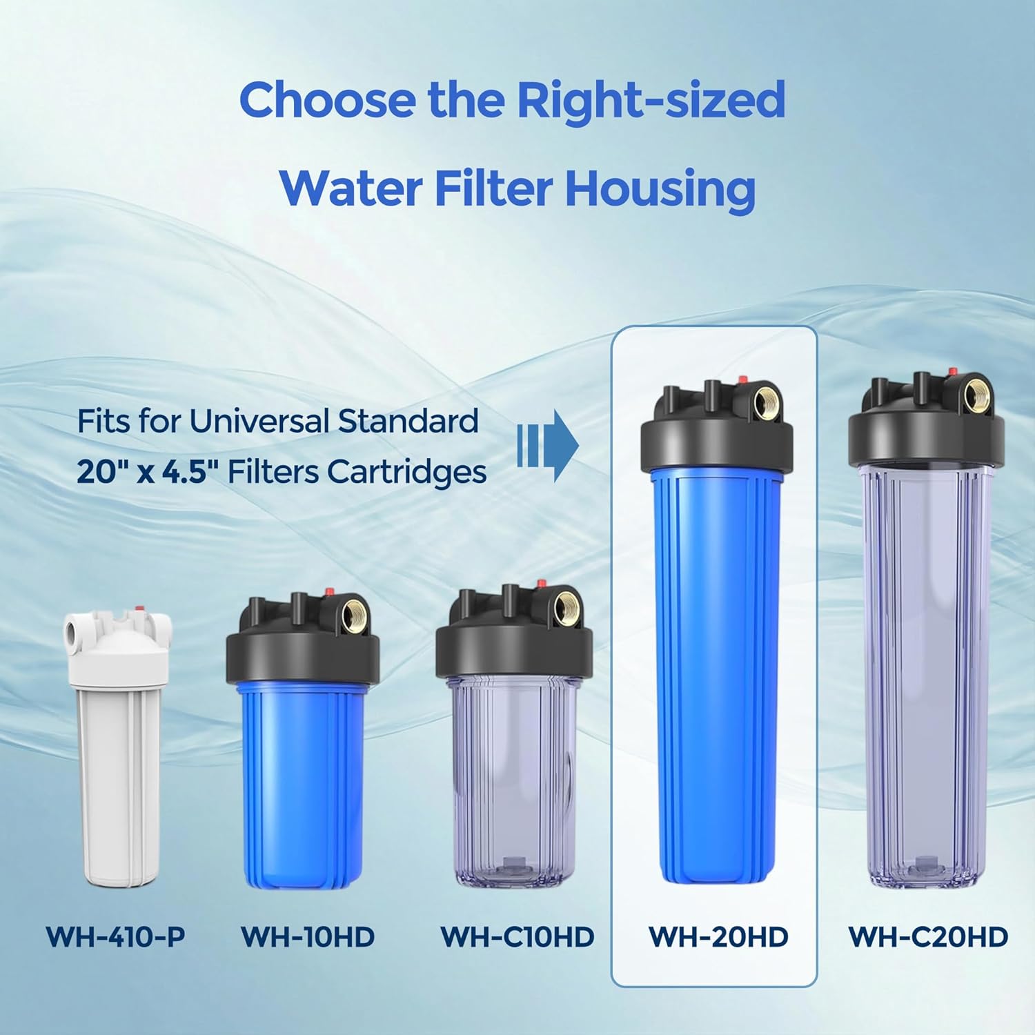 WH-20HD Whole House Water Filter Housing, Fit 20"x4.5" Sediment etc Filters for Well and City Water, Big Filter Blue Pre-Filtration System for Home, 1" NPT Port, Pressure Release