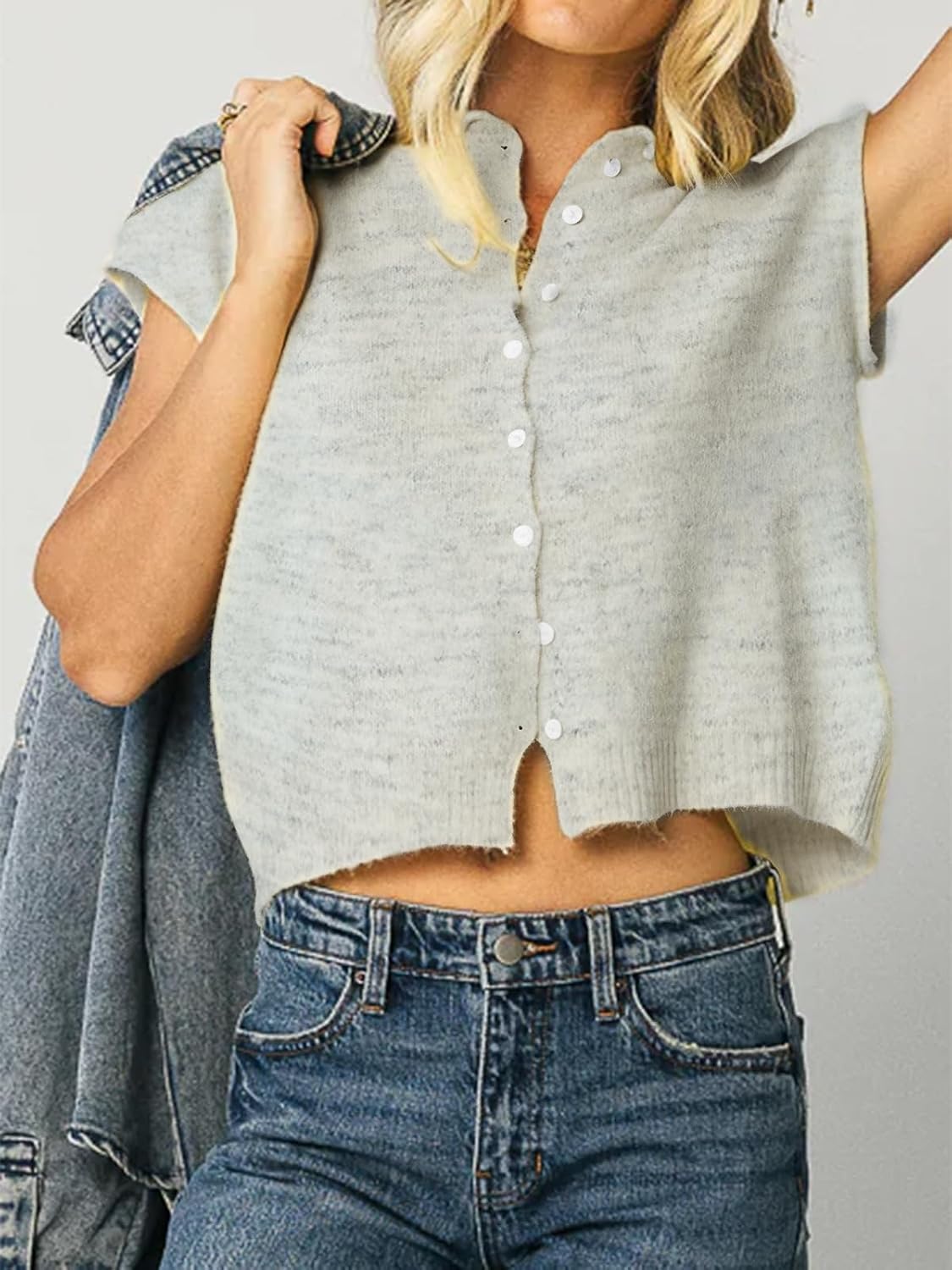 Womens Cropped Cardigan Cap Sleeve Sweater Vest Crew Neck Button Casual Lightweight Knit Vacation Outfits