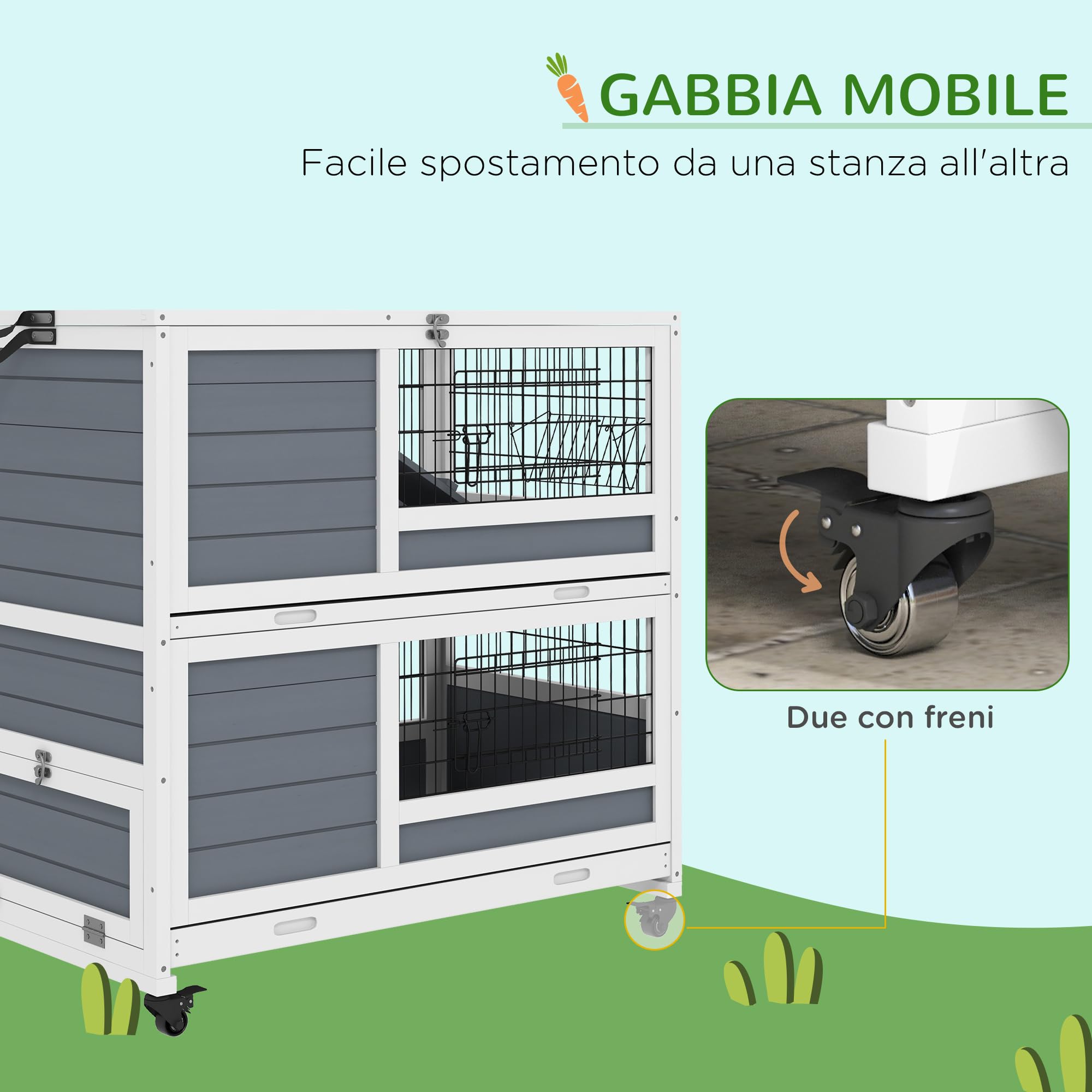 PawHut Conigliera da Interno a 2 Livelli in Legno, Casetta per Conigli e Porcellini d'India con Vassoi Estraibili, Ruote e Rampe, Grigio