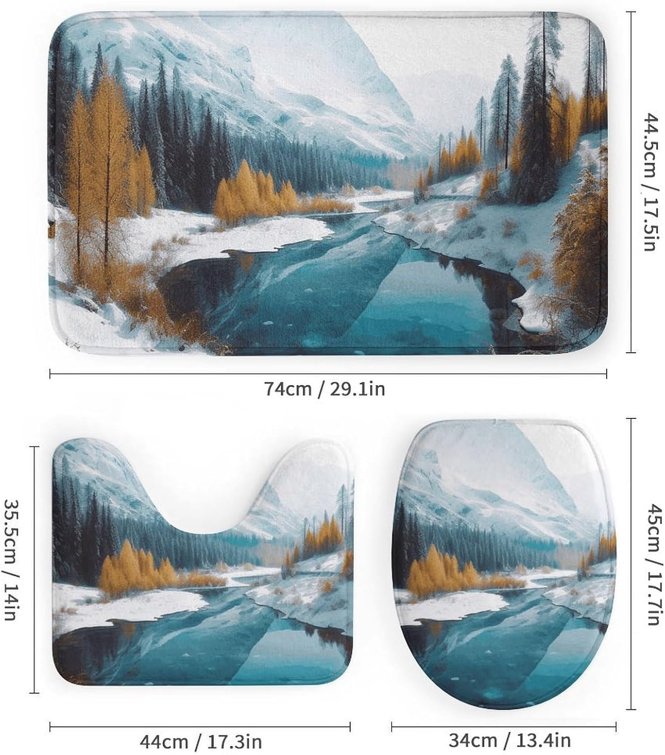 Winter Mountains Snow Scene Shower Curtain Set 4 Piece, Non-Slip Bath Mat with Toilet Lid Cover and Waterproof Shower Curtain with 12 Hooks, Complete Bathroom Set for Home Decor