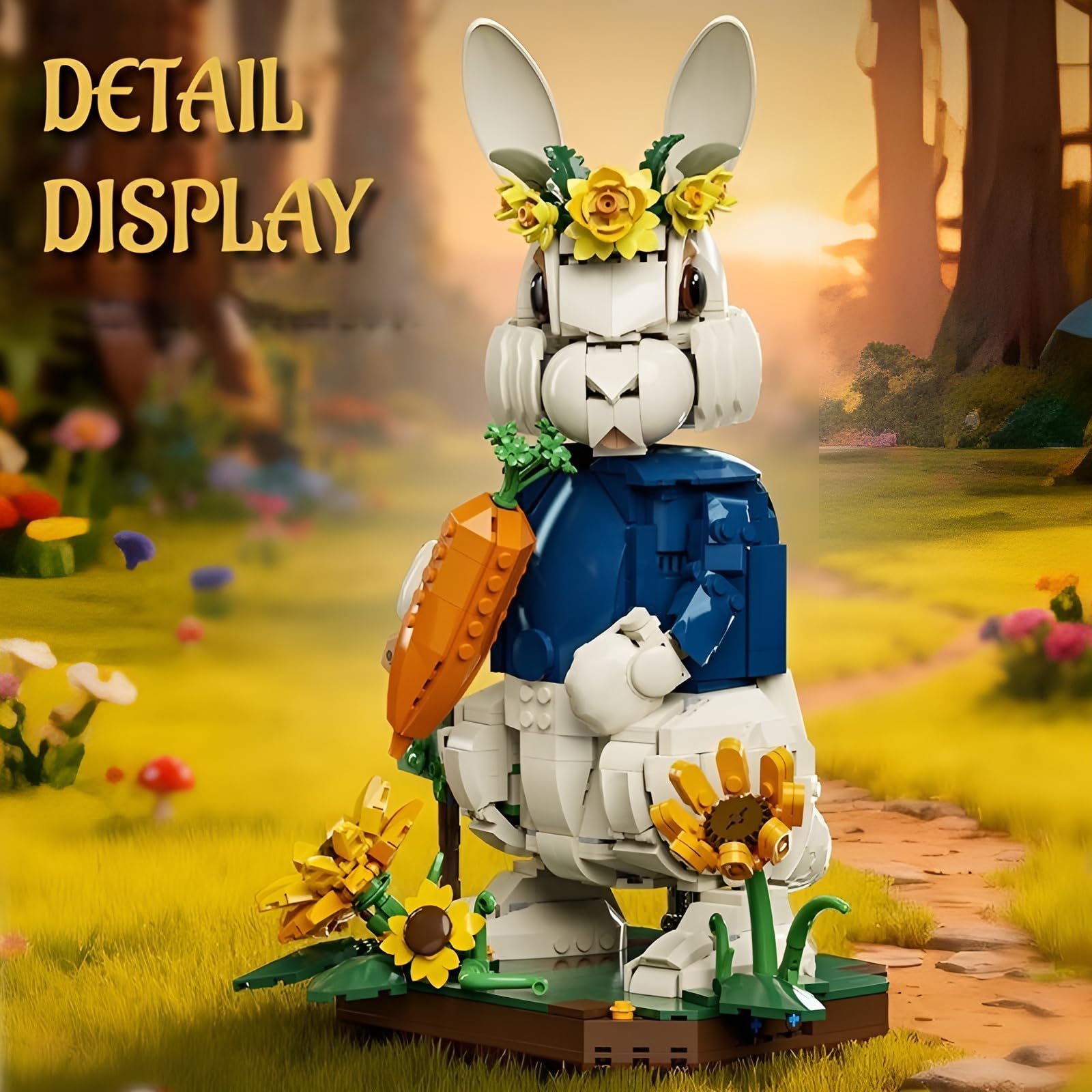 Bloques de construcción de conejos rurales, 1252 piezas de flores de Pascua, conejo, bloques de sujeción, modelo de animal móvil con base extraíble, decoración para la oficina en casa, regalo de