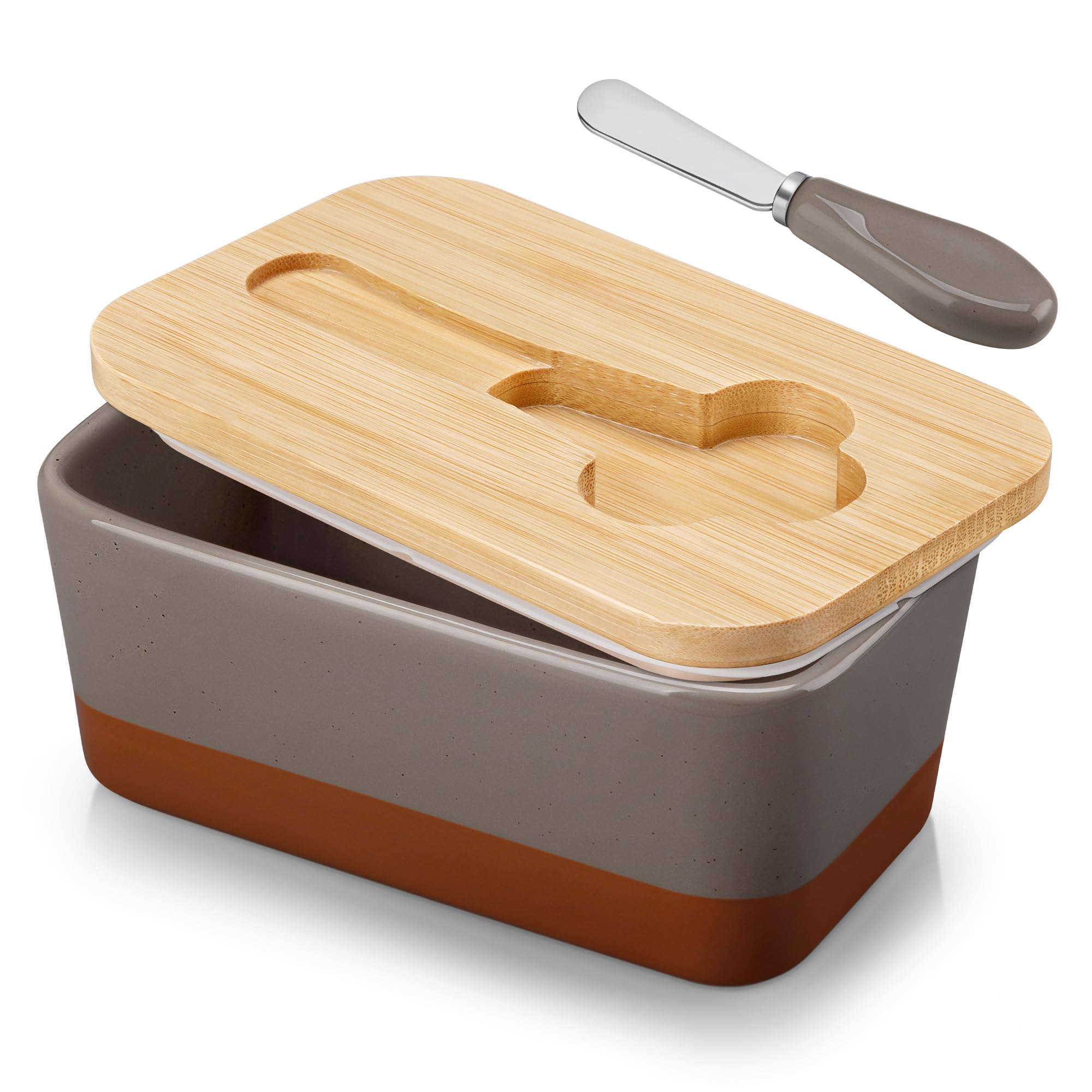 MALACASA Butter Dish with Lid, Large Butter Dish for Countertop, Ceramic Butter Keeper Container with Knife and Bamboo Lid, Brown, Series TARA