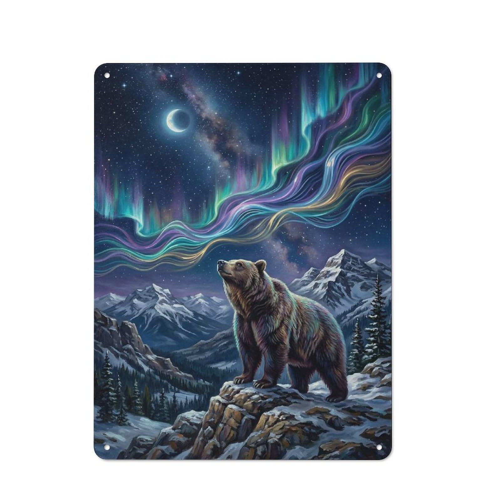 Junmoney Style-18 Tin Wall Plaque 40X30cm With Bear Under Aurora Borealis For Café Or Restaurant, New Home Wall Decor For Hospitality Interior Collectors