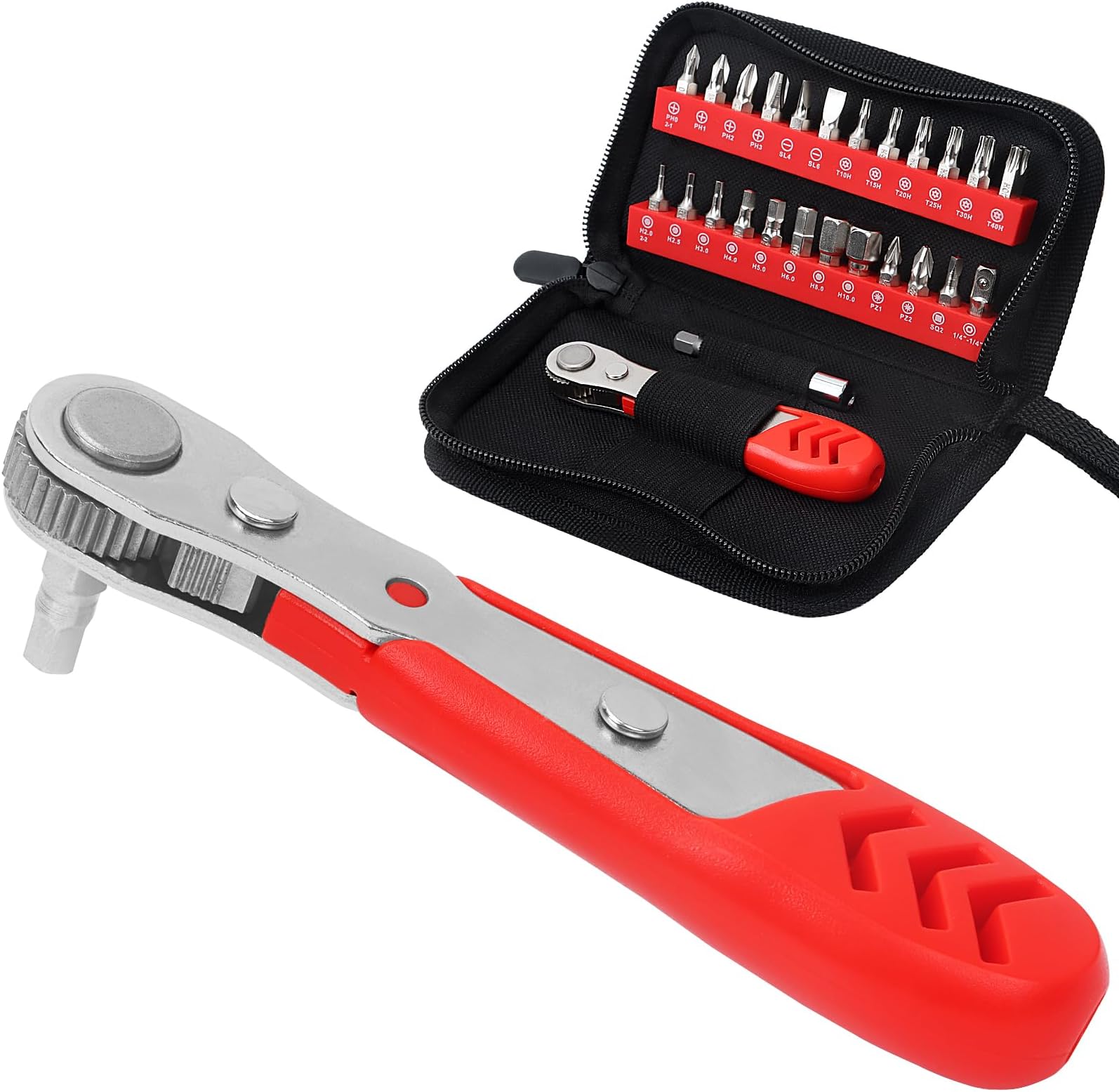Right Angle Screwdriver Set, Low Profile 26 Piece Small Ratchet, Stubby 90 Degree Ratcheting Screwdriver, Mini 1/4 Bit EDC Tool for Tight Spaces, Bike