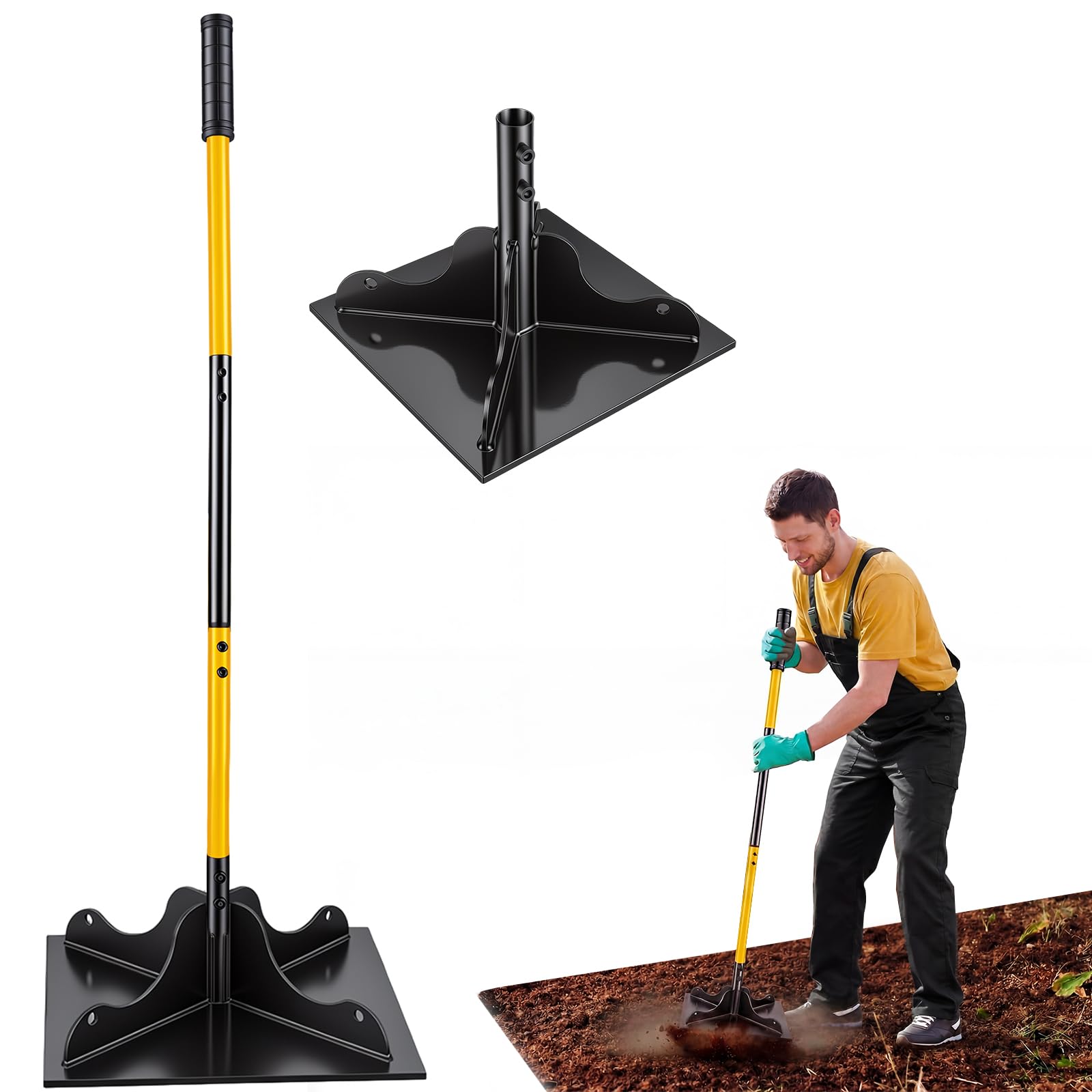 25cm x 25cm Ground Tamper, Heavy Duty Steel Manual Compactor with 1.22m Handle, Plate Soil Compactor
