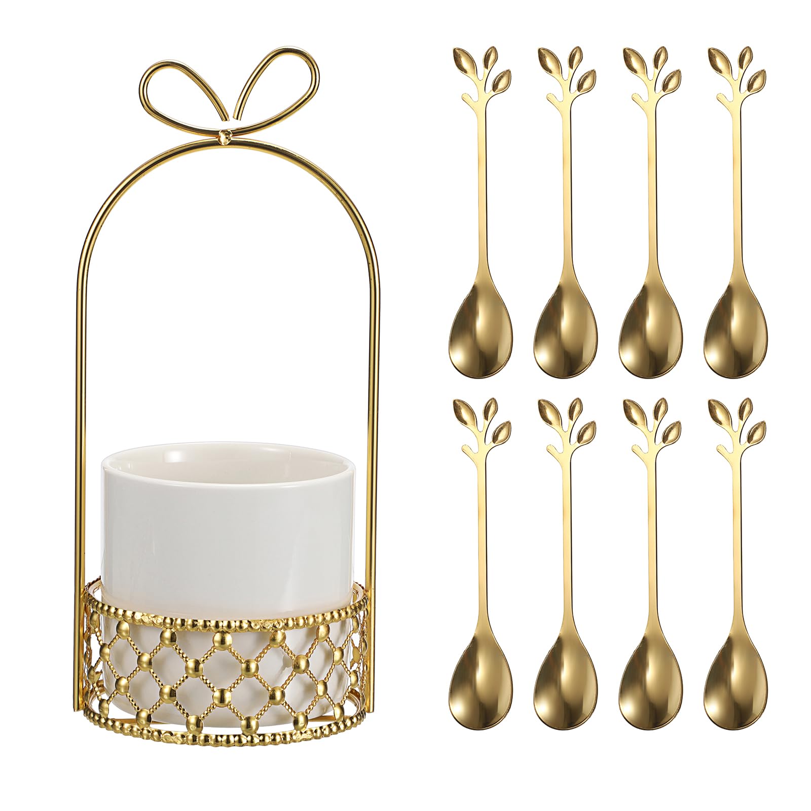 SUMTree 8PCS Coffee Spoons Set with Glass Holder, Small Stainless Steel Gold Tea Spoons, Mini Dessert Spoon Set for Fruit,Stirring, Mixing, Sugar, Ice Cream, Cake