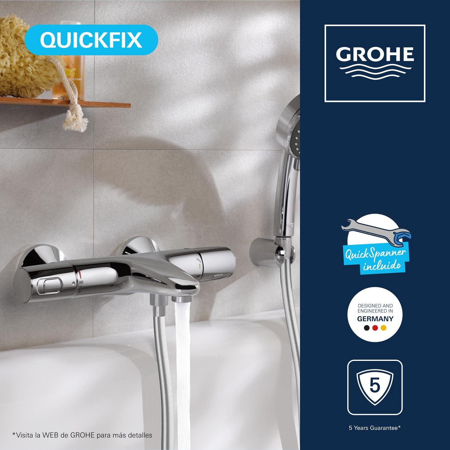 GROHE Precision Trend - Grifo termostático de bañera (ahorro de agua, mando ergonómico de metal, cuerpo de seguridad antiquemaduras, duradero), cromo, 34227002.
