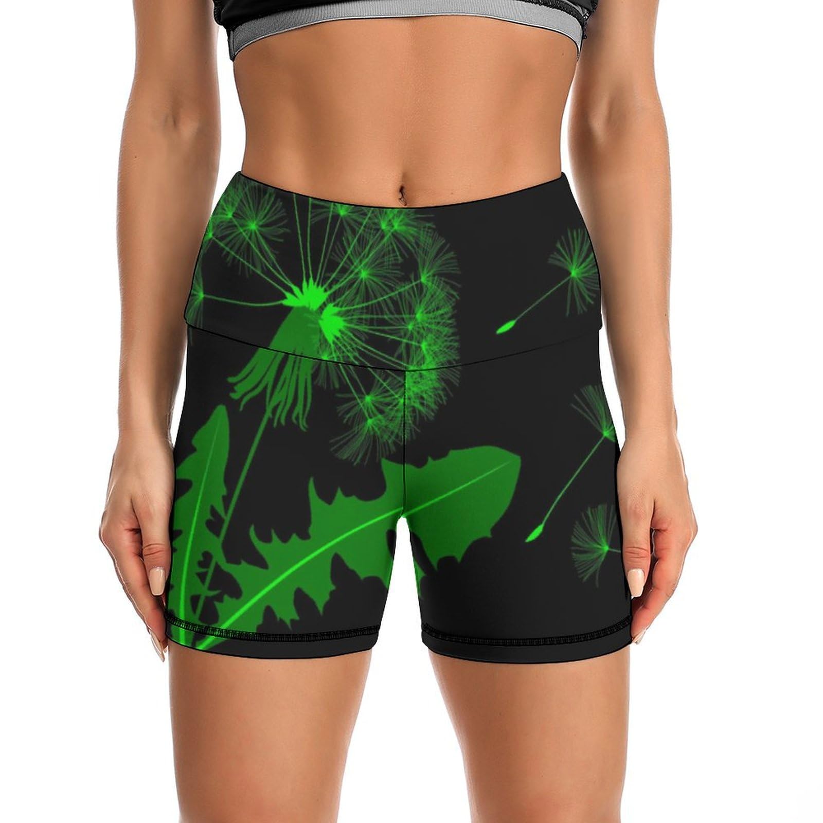 Flower of Dandelion Pattern High Waist Yoga Shorts for Women Athletic Shorts Leggings Running Pants Black