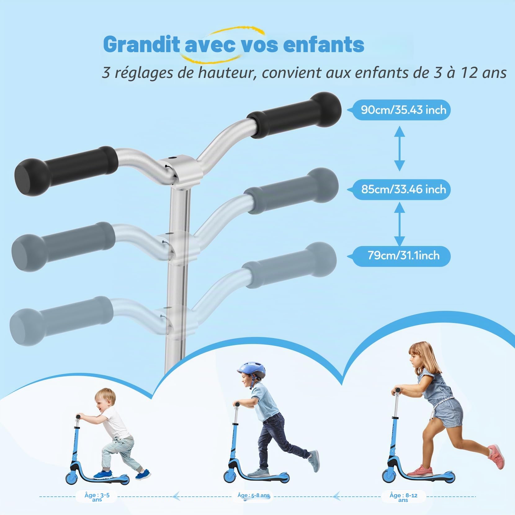 TONBUX Trottinette pour Enfants de 3 à 12 Ans, avec Planche Lumineuse Cool et Roues en Polyuréthane, Hauteur Réglable en 3 Niveaux, avec Support, Légère, Trottinete Enfants de 3 Ans
