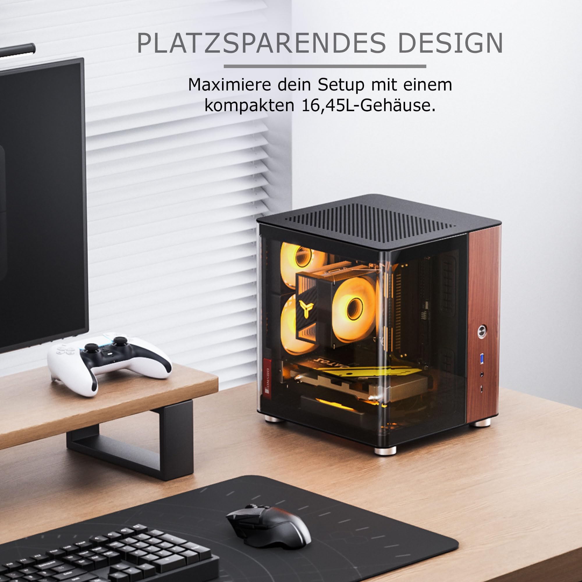 Jonsbo TK-0 Mini ITX Case schwarz - ITX Gehäuse mit Tempered Glass, Mini PC Gehäuse Holz, SFF Case für Grafikkarten bis 230mm, USB C am Frontpanel, 90 Grad Drehbarkeit für Flexible Platzierung