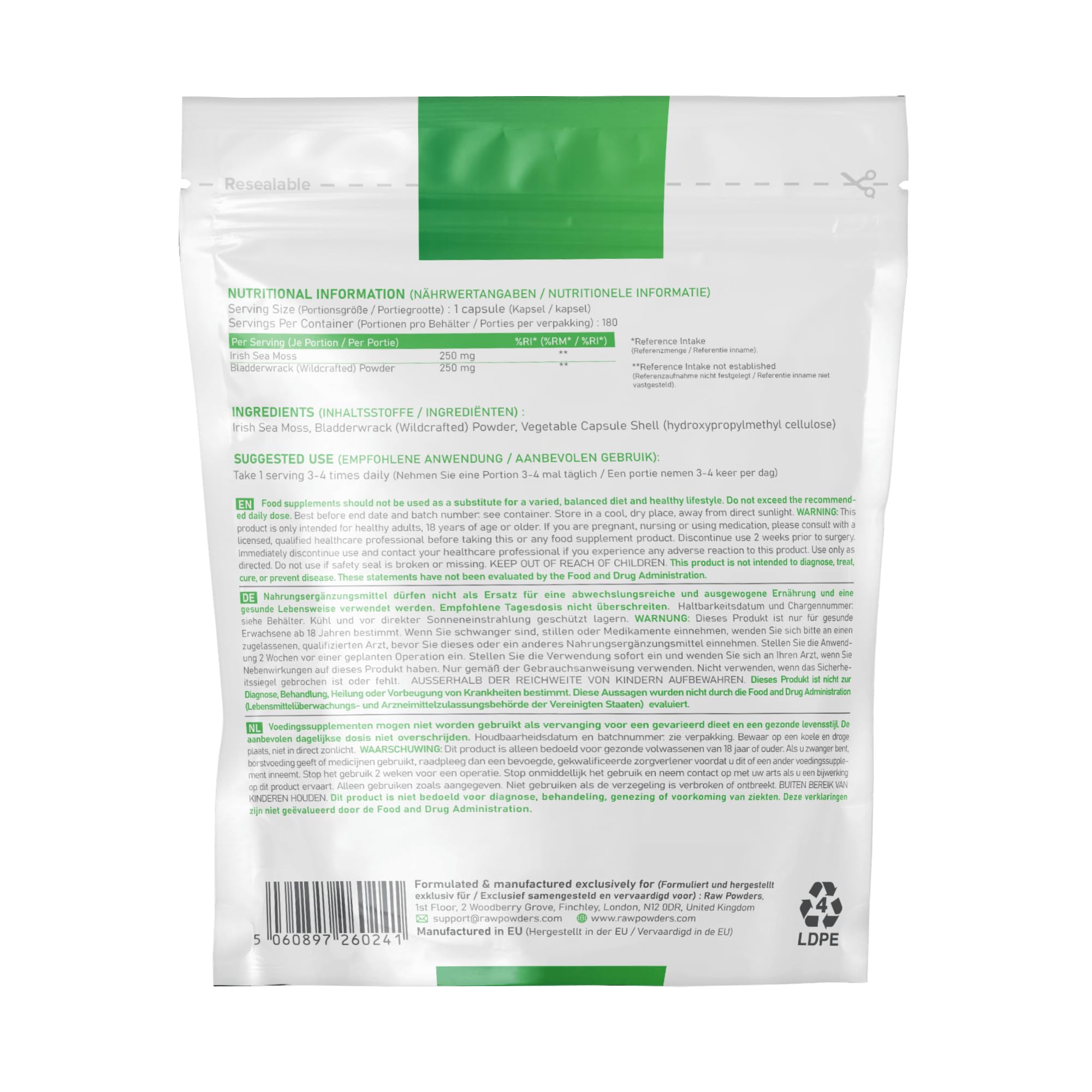 Irish Sea Moss Kapseln mit Blasentang – 180 vegane Kapseln – Nährstoffreiches Superfood – 45–60 Tage Vorrat – Ohne Zusatzstoffe – Hergestellt in der EU – RAW Powders