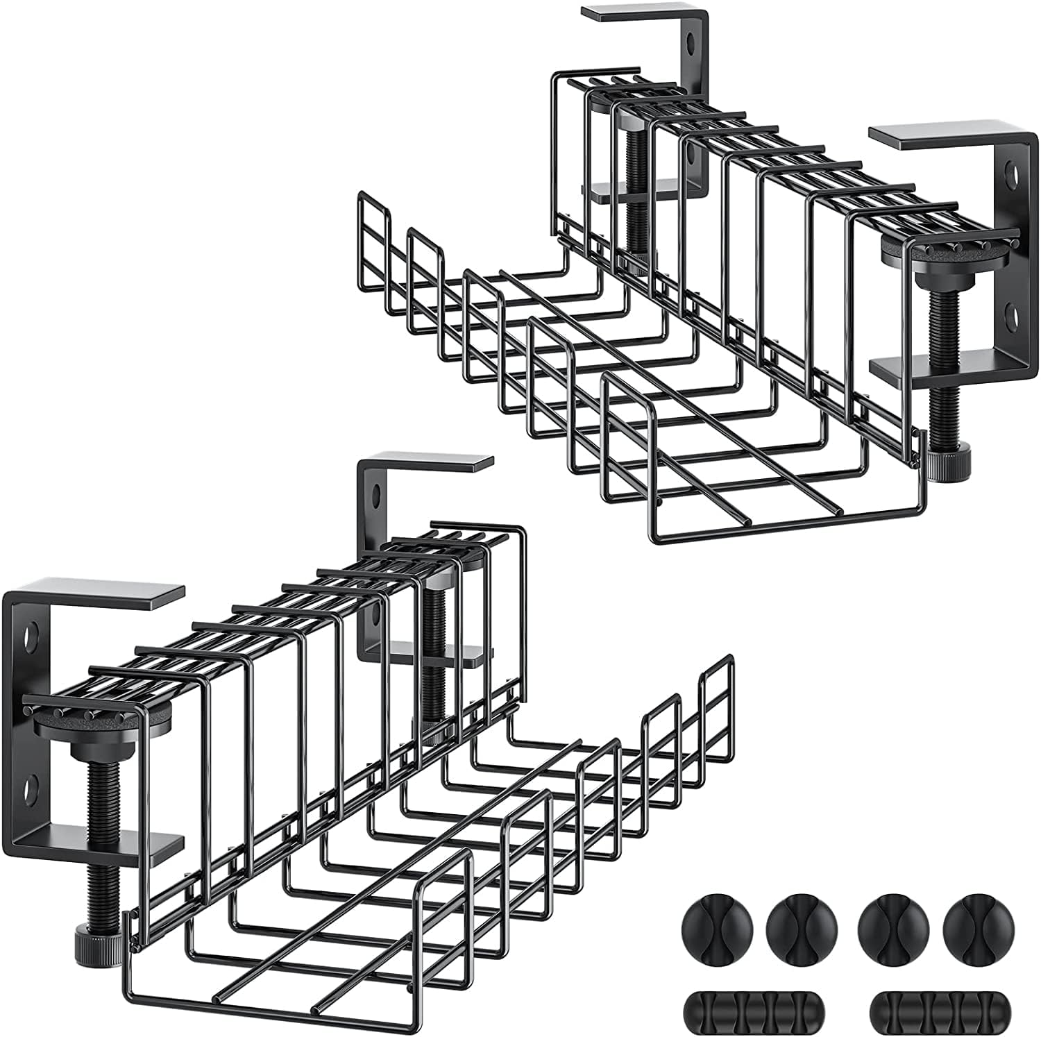 MUDEELAUnder-desk cable management, 2-piece drill-free cable basket, cable organisation for the home office, surface-mounted cable duct, 4 clips, metal, black