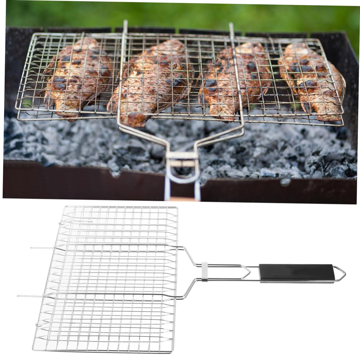 Cestello Griglia Barbecue Rettangolare in Acciaio Inox Nero | Manico in Legno, Superficie Liscia e Riscaldamento Uniforme, per Cottura Domestica e Barbecue All'aperto