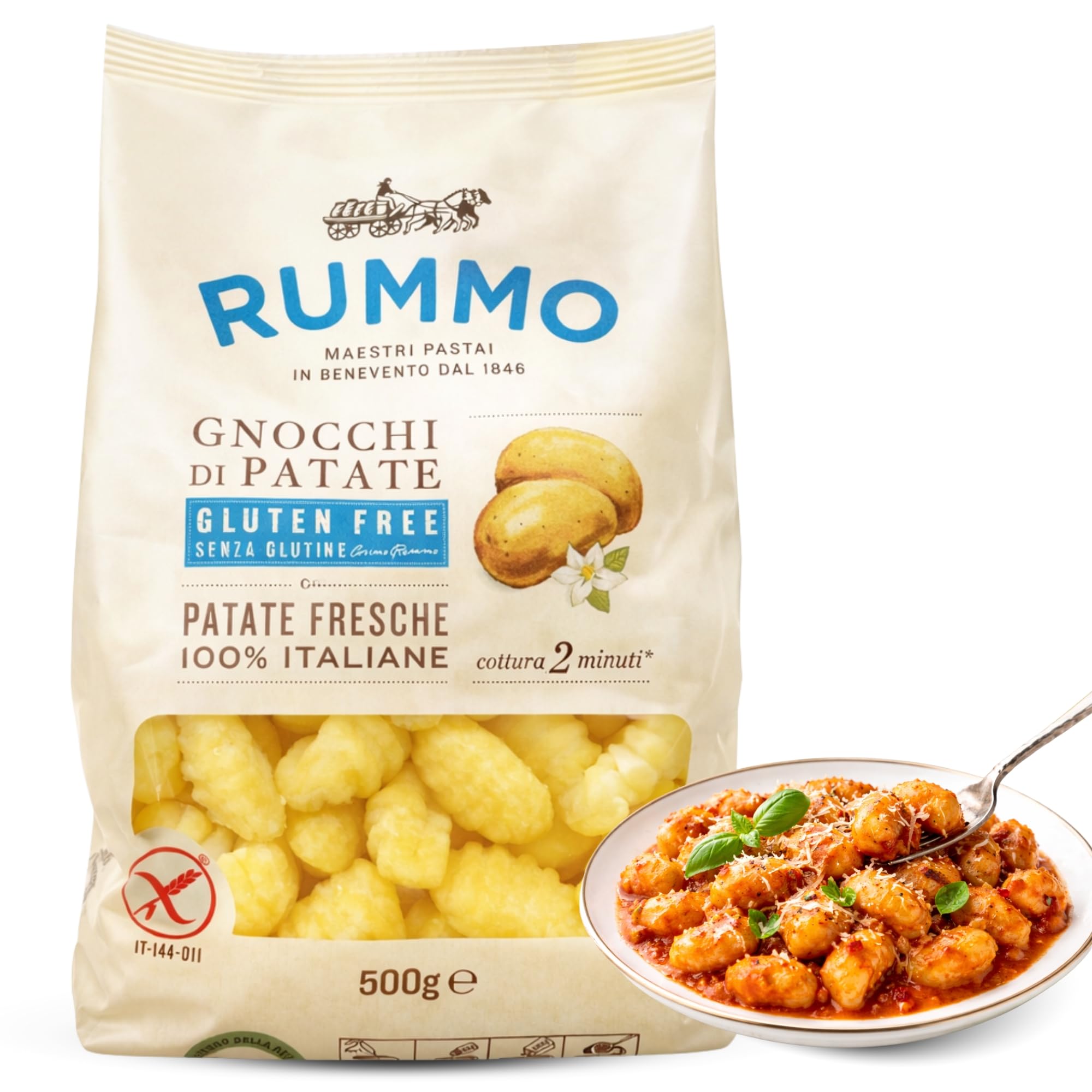 Gnocchi Rummo SIN Gluten de Patatas 65%, ñoquis sin gluten de patatas 100% Italiana, Pasta Italiana, Tiempo de cocción 2 minutos, 1 Paquete de 500 gr
