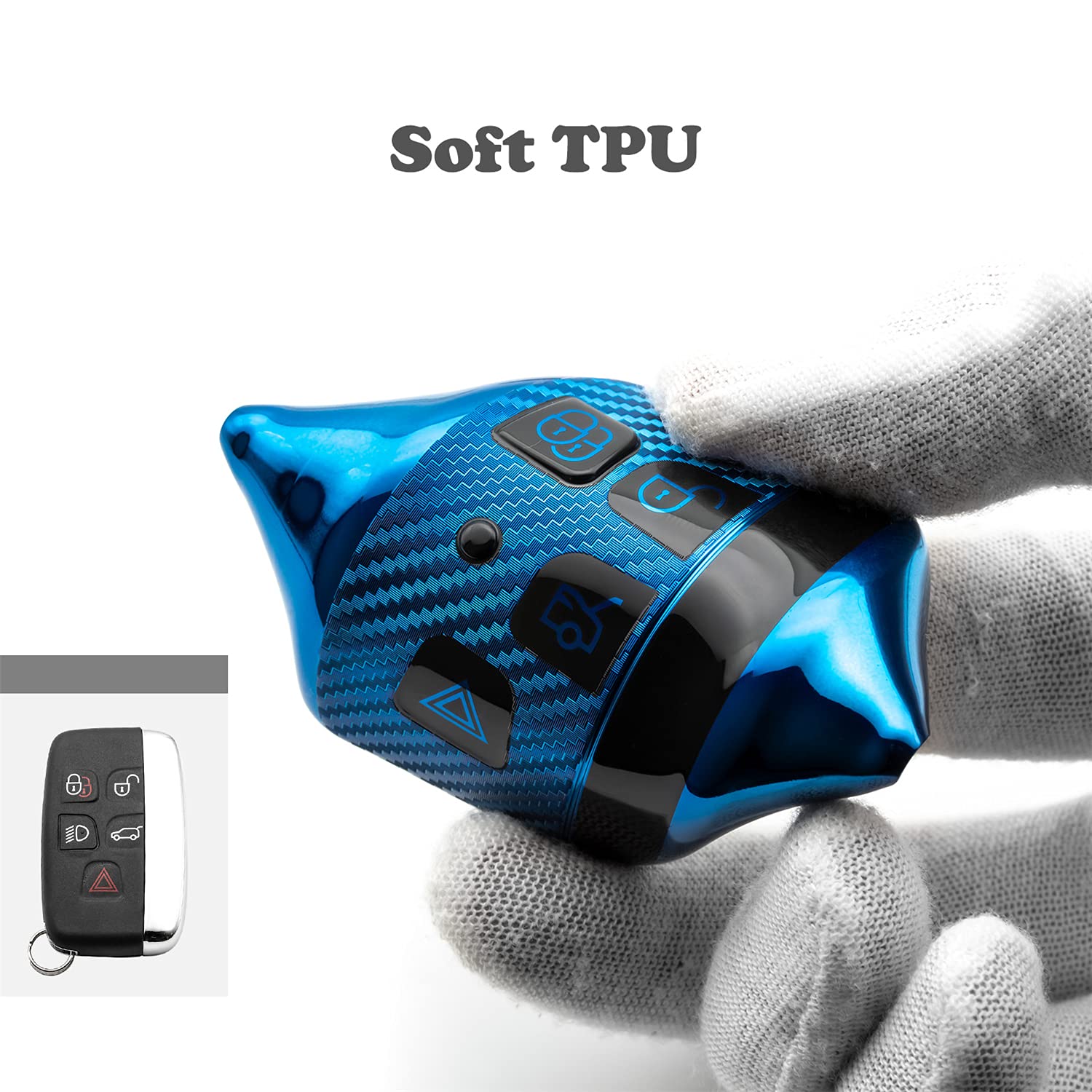 M.JVisun Soft Carbon Fiber Finish Car Key Fob Cover For Land Rover Discovery 4/Sport Freelander 2 For Range Rover Evoque/Sport/Velar Electroplated TPU Case With Metal Keychain - Blue — view 3