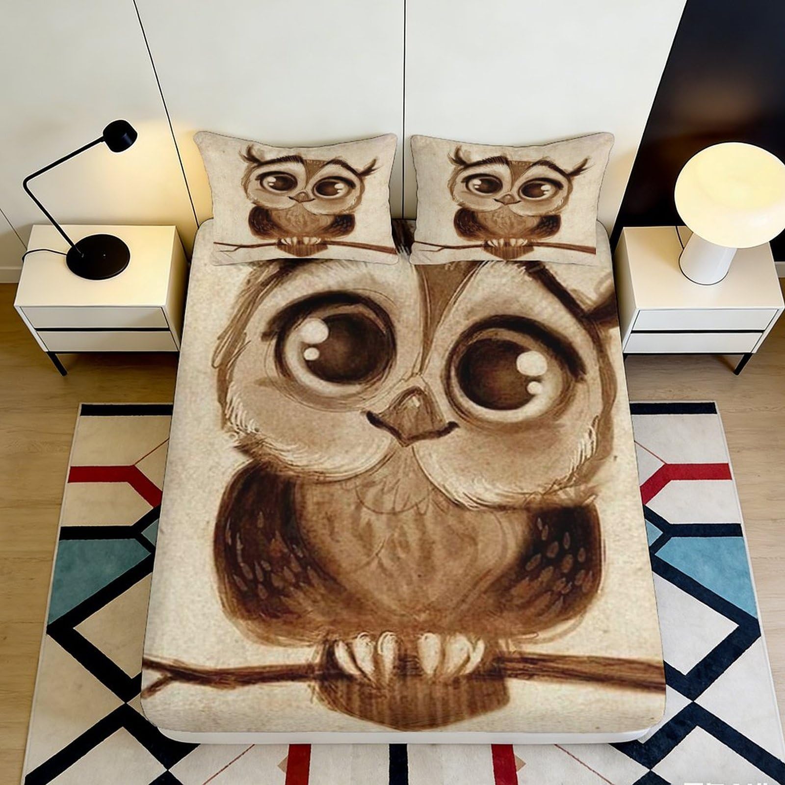 3D Printed Cartoon Owl Fitted Sheet Microfiber Soft Anti-Slip Brown Eyes Mattress Cover for Bedroom Dorm Decor 90x200x25cm