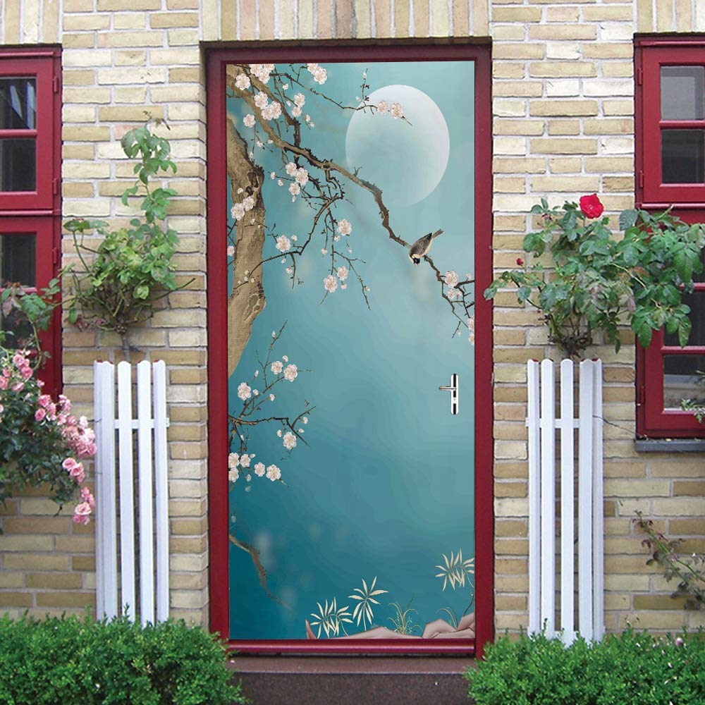 3d Stickers Porte Scène lunaire avec des fleurs de prunier Auto-AdhéSive Murale DéCoration De La Maison Stickers Muraux Chambre Salon Amovible Affiche Art Autocollants L100 x H200cm