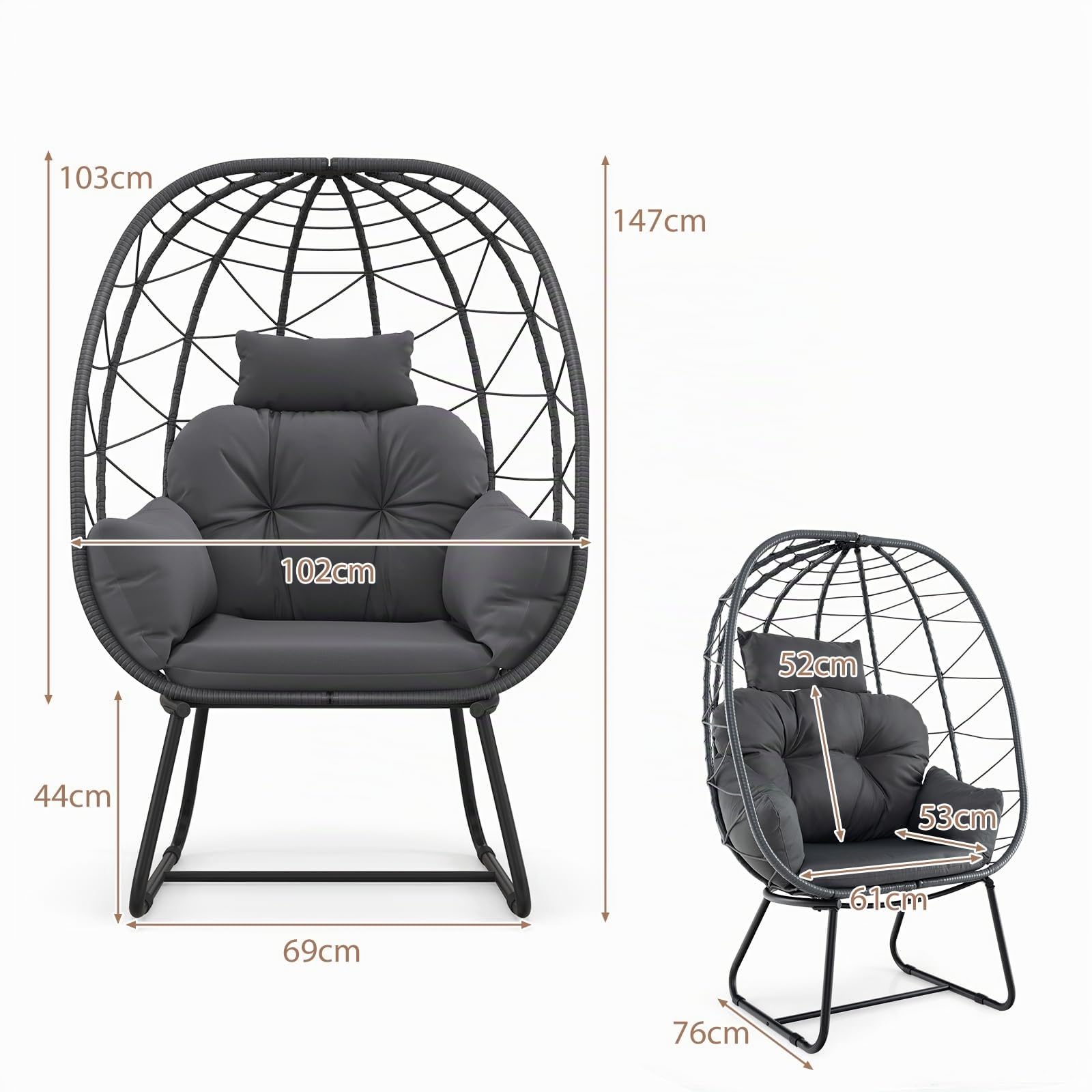 LIFEZEAL Sedia da Giardino in Rattan PE, Poltrona con Cuscino Morbido Rimovibile, Soggiorno Esterno con Supporto in Metallo, per Balcone, Veranda, Terrazza, Carico 150 kg (Grigio)