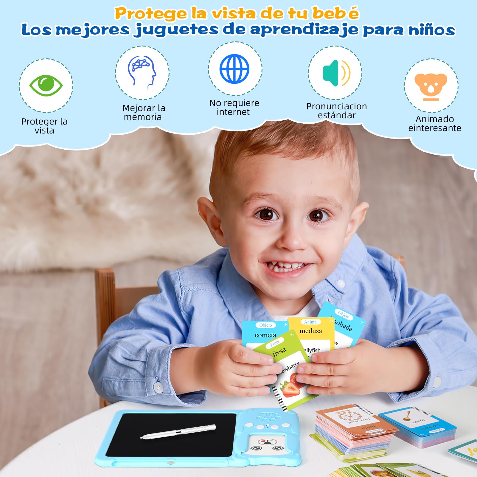 Tarjetas Flash Parlantes (Bilingüe Inglés Español) Juguetes Educativos Montessori Infantiles para de 2 3 4 5 6 Años, Cuenta con 225 Tarjetas de Doble y 510 Palabras