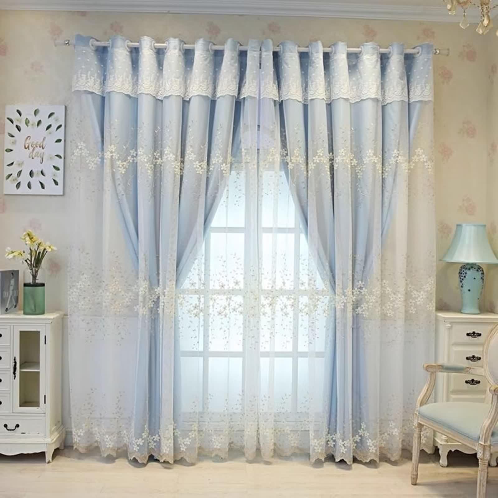 Rideaux Salon Bleu, Occultant Rideau Chambre Fenetre Lot de 2 Tissu Broderie en Dentelle Double Couche LxH 132x229cm