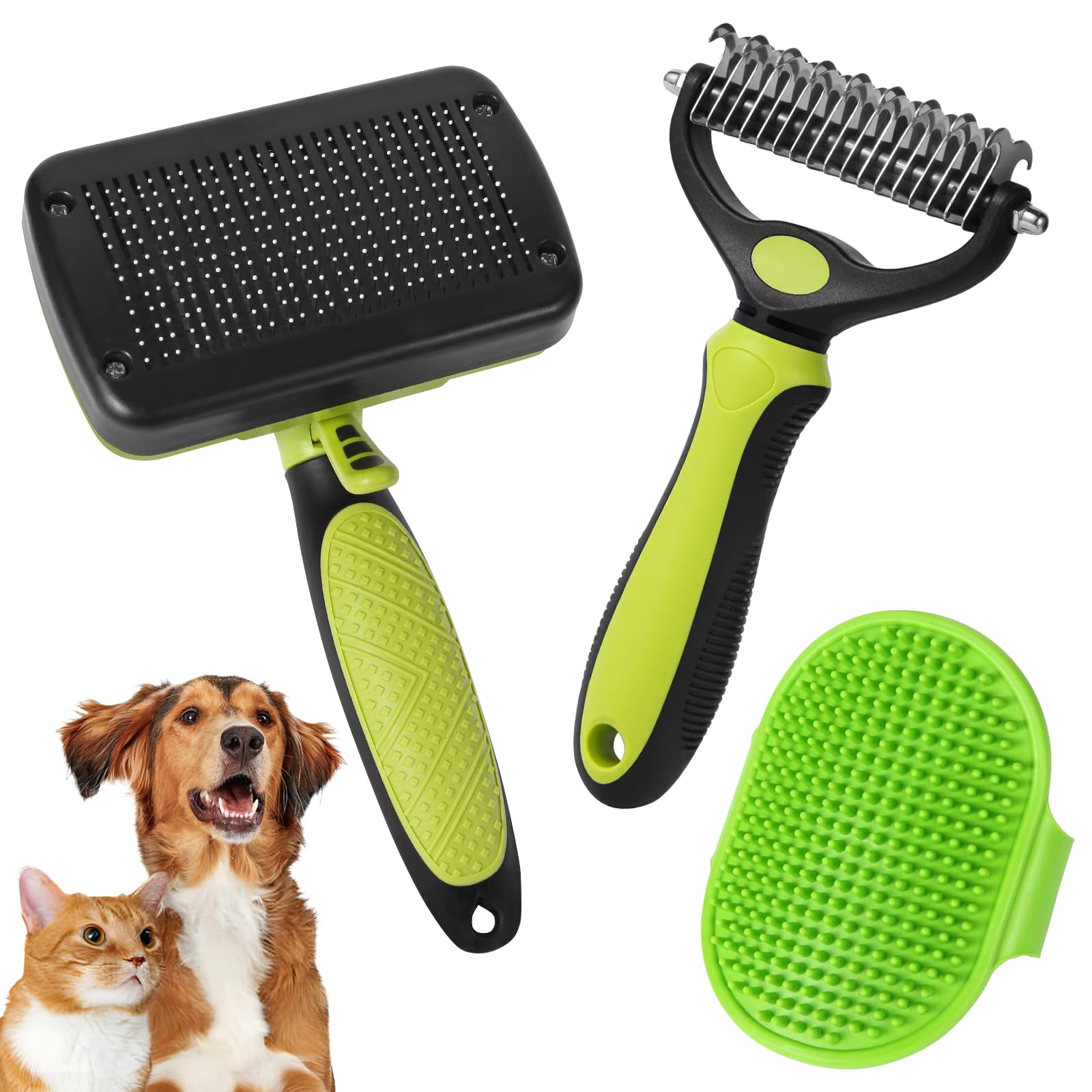 Tahbarshi 3 cepillos para perros y gatos, cepillo para perros, pelo largo, cepillo para el interior del perro, cepillo de pelo corto de doble cara para perros (verde)