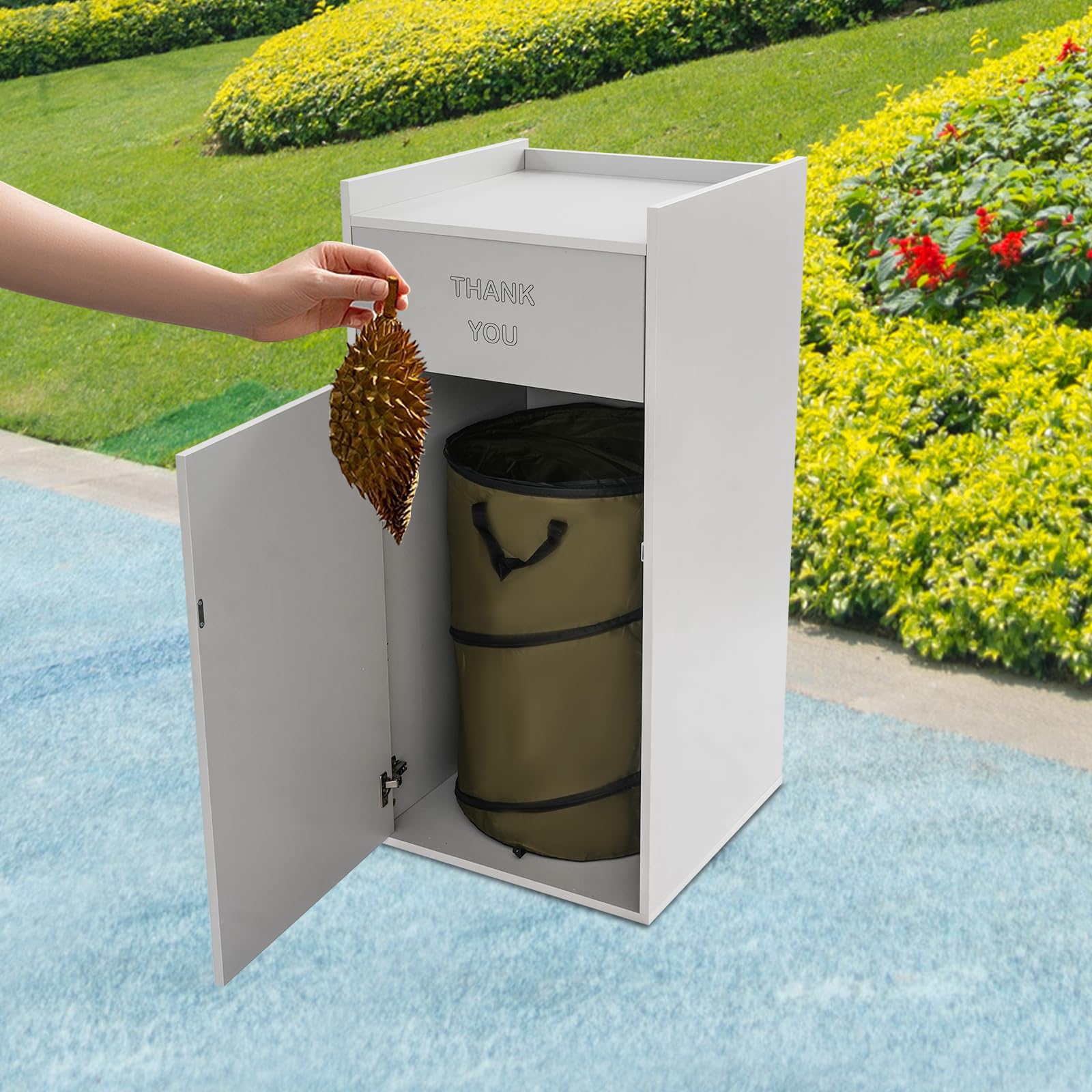 Cubo de basura de madera, cubo de basura comercial con bolsa de basura plegable, 22 x 22 x 46 pulgadas, cubo de basura de restaurante para oficinas y cafeterías, carga total 50 kg (plata)