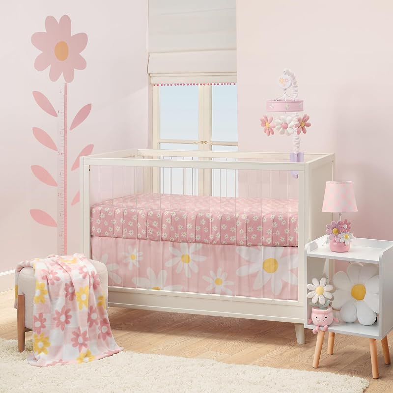 Daisy Dreams Juego de cama para cuna de 3 piezas - Rosa, Blanco, Moderno, Jardín