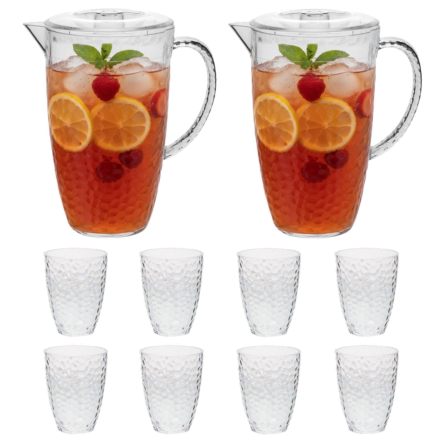UNIQUE HOME LIVING Clear Acrylic Pitcher 2 Litre Water Jug with Lid, BPA-Free, 2 Juice Jugs with 8 Cups Set for Iced Tea, Lemonade, Cocktails, Cold Beverage Carafe for Fridge - Dimples Design โ image 1