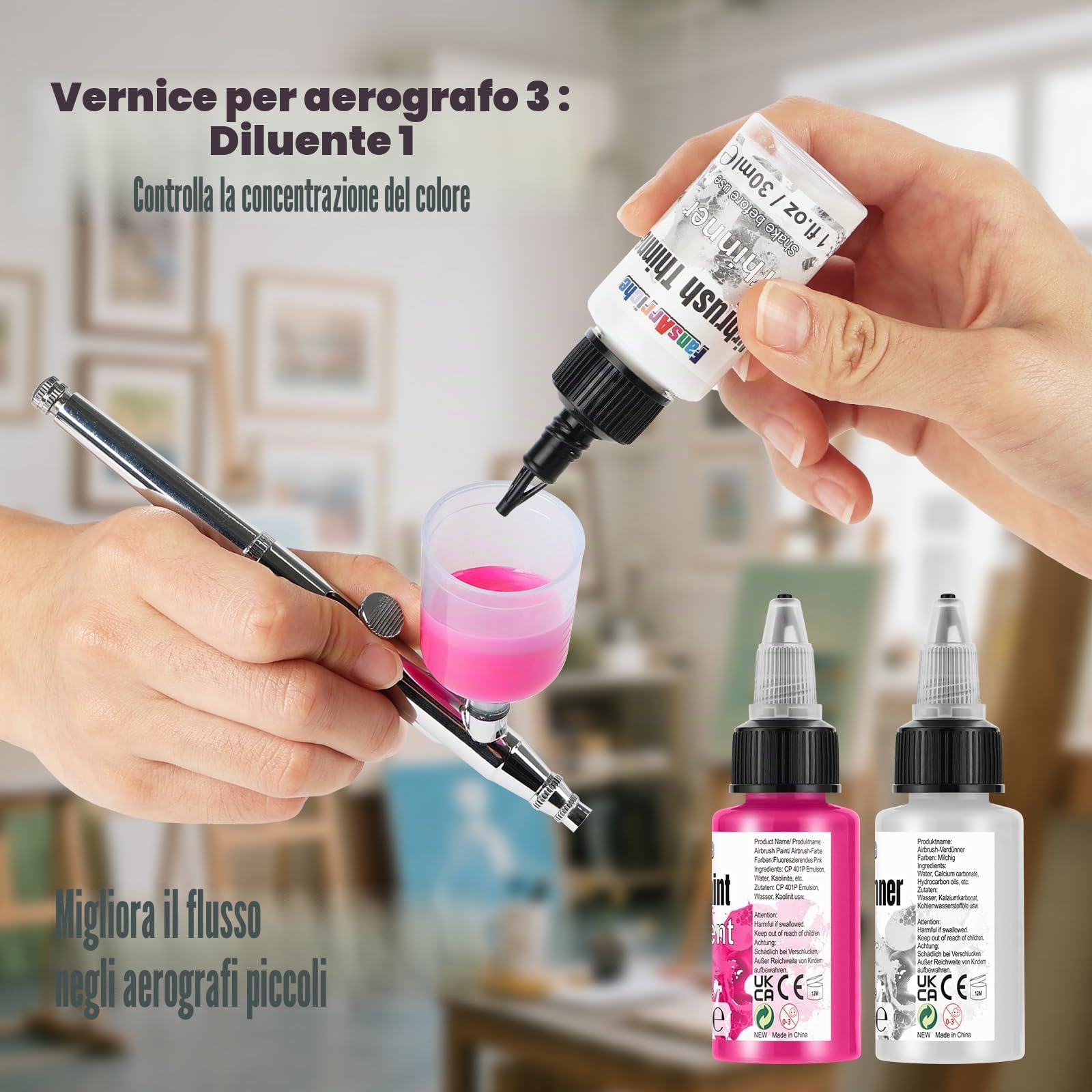 FansArriche Colori per Aerografo, 48 Colori x 30 ml con 4 Diluente