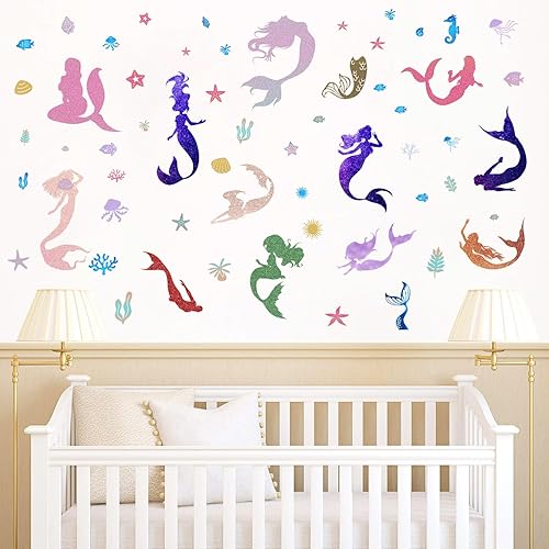 Miniatura 6 de Calcomanías de pared de princesa de sirena, bajo el mar, océano, sirena, calcomanías de pared, despegar y pegar, juego de silueta de sirena para