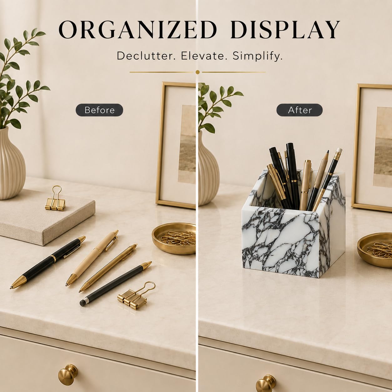 Organizador de colección de mármol, patrón de mármol blanco y morado, soporte de almacenamiento multiusos para brochas de maquillaje, perfumes, papelería, diseño de apertura inclinada